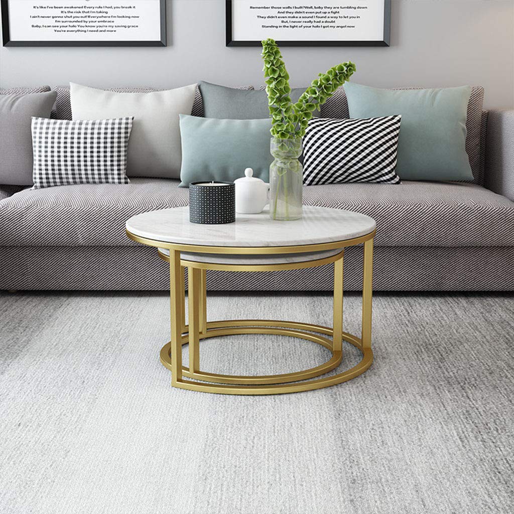 Modern Round Nesting Coffee Tables Set of 2 - Marble Top with Metal Base for Living Room, Lounge & Office - Space-Saving Home Décor Furniture for Small Apartments & Cozy Spaces