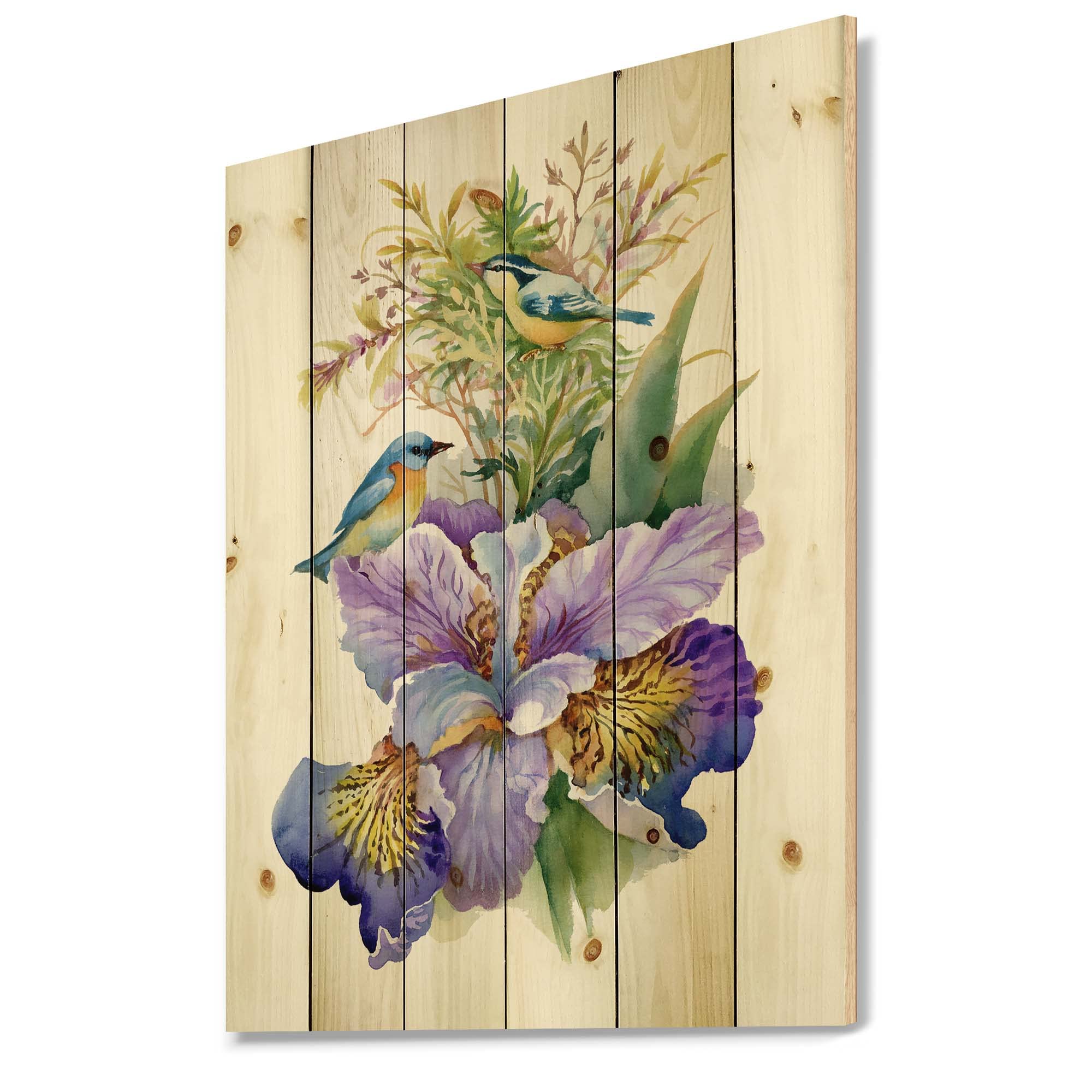 DesignQ Purple Iris with Birds Traditional Wood Wall Decor - Large Floral Wood Wall Art Panel Printed on Natural Pine - Perfect for Living Room, Bedroom & Office Decor
