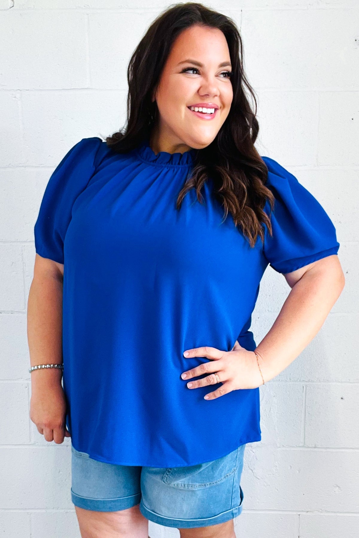 Stylish Blue Frill Mock Neck Woven Top for Women - Perfect for Holiday Parties & Casual Outings