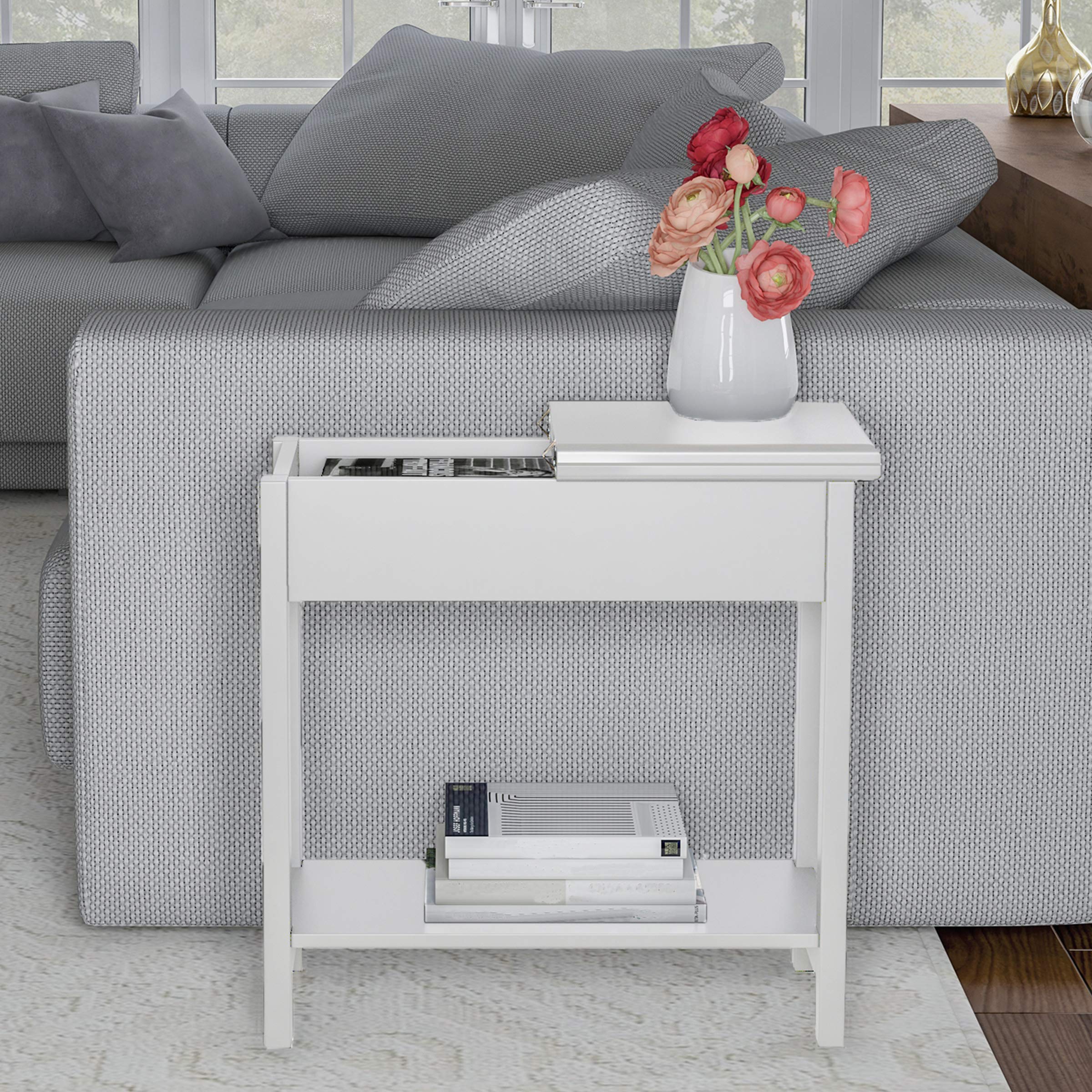 Lavish Home Flip Top Console Table Set of 2 - White End Tables with Hidden Hinged Storage & Lower Shelf for Living Room, Bedroom, Entryway | Space-Saving Modern Furniture for Small Apartments & Home Organization