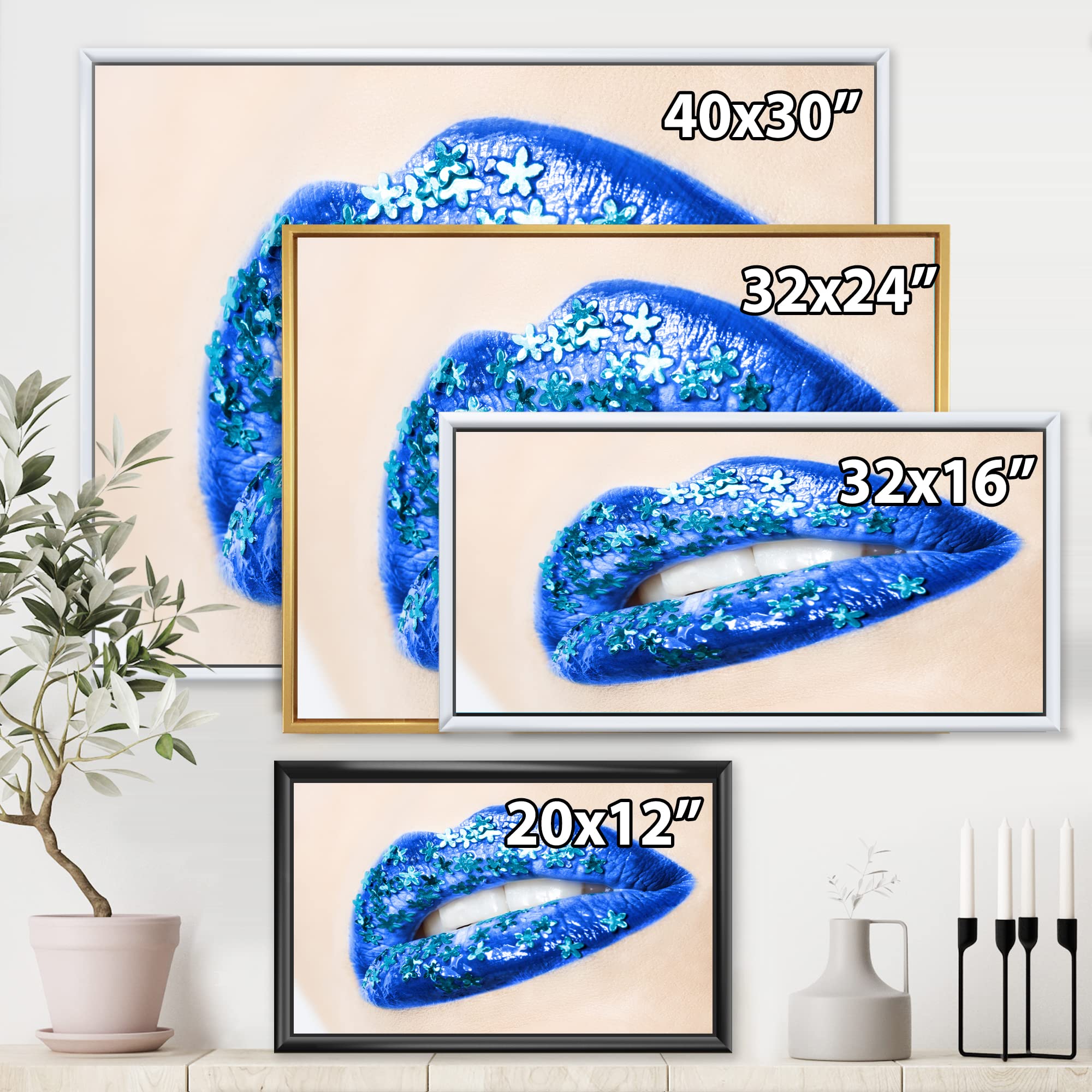 DesignQ Beautiful Female Lips Blue With Flowers - Modern Framed Canvas Wall Art Print for Living Room, Bedroom & Office Decor | Home Wall Decoration Gift Idea
