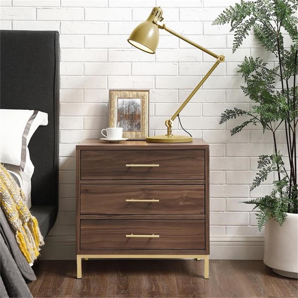 Stella 3-Drawer Nightstand with Metal Base in Walnut/Gold Finish - Modern Bedside Table for Bedroom, Living Room, or Office Storage