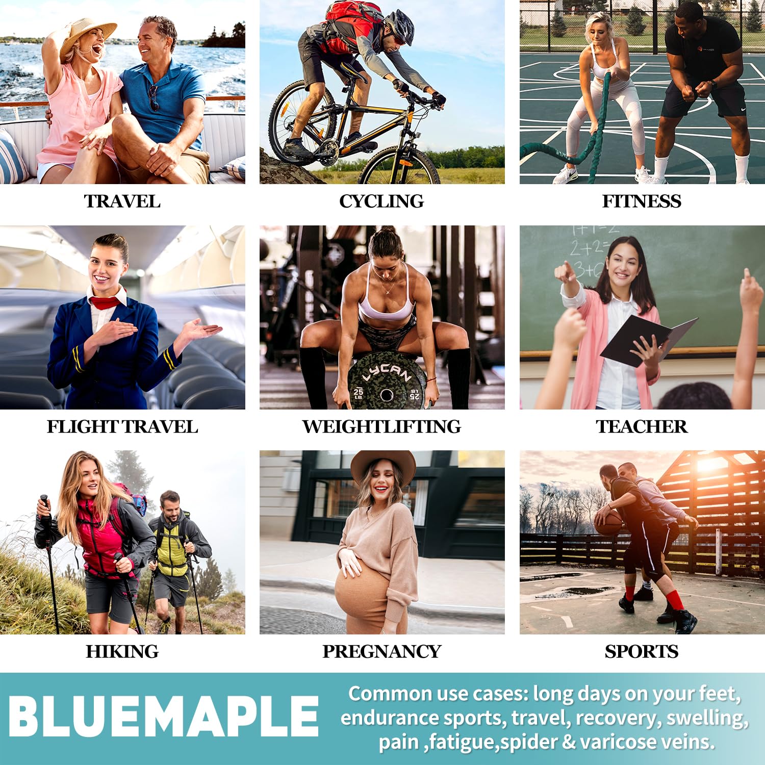 Bluemaple Thigh High Compression Socks for Women & Men - 3 Pairs Knee-High Circulation Support Socks - Best for Running, Travel, Nursing & Varicose Vein Relief - Breathable & Comfortable for Daily Wear