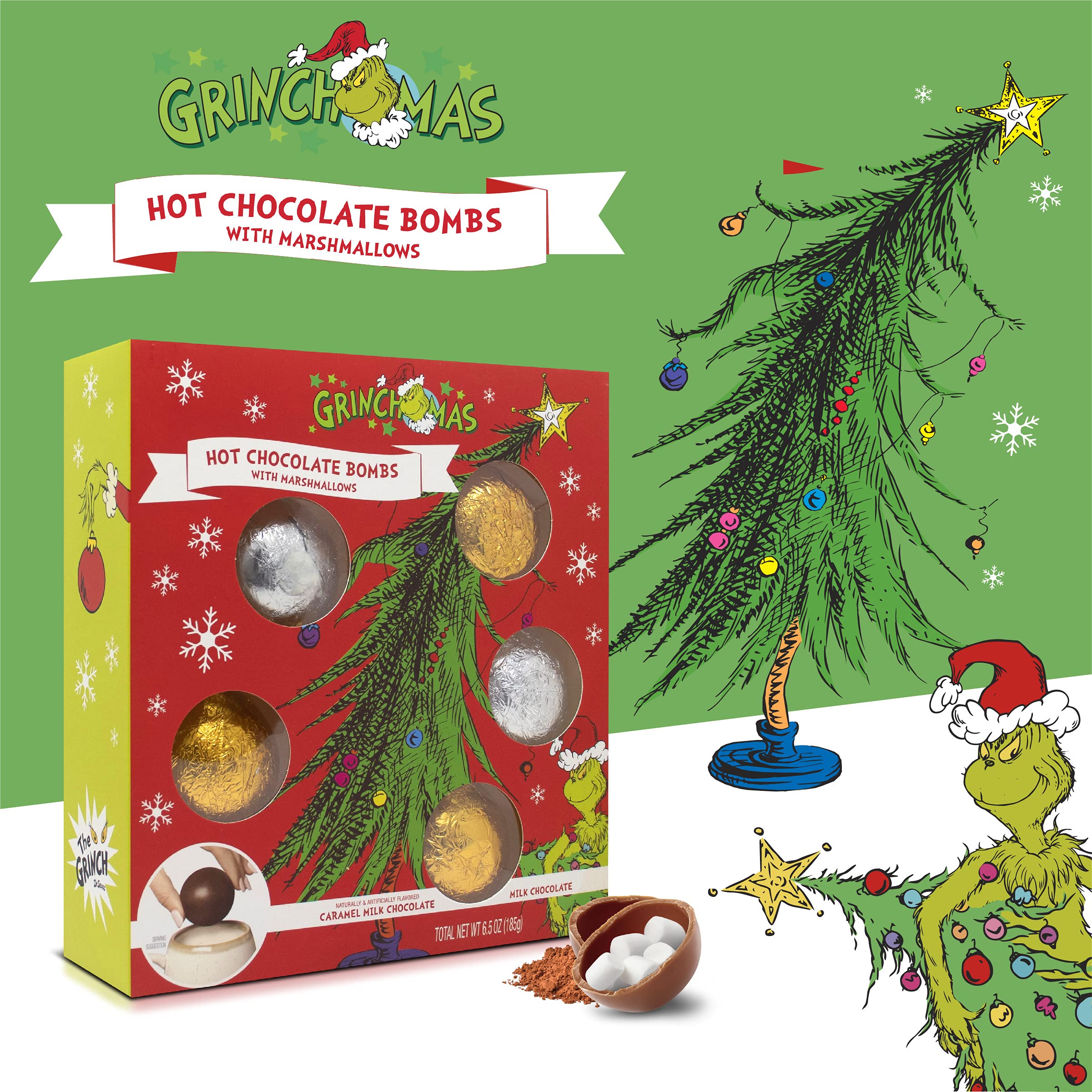 Dr. Seuss The Grinch Grinchmas Hot Cocoa Spheres - 5 Pack (5.6 Oz) with Marshmallows & Caramel Milk Chocolate | Perfect for Christmas Gifts, Holiday Parties & Cozy Winter Nights