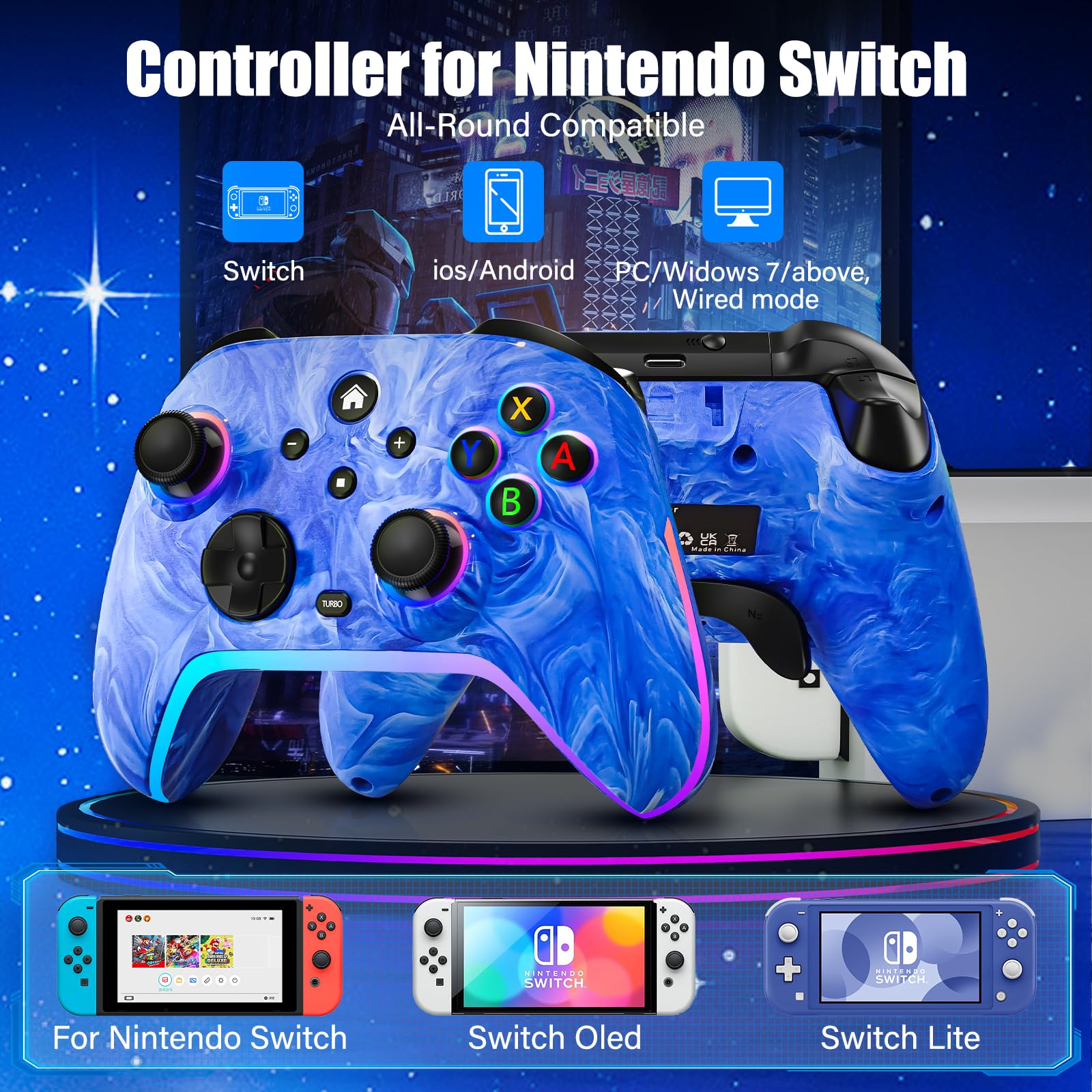 Wireless Nintendo Switch Pro Controller - Compatible with Switch, Switch Lite & OLED, 1200mAh Rechargeable Gamepad with RGB LED Lights, 6-Axis Gyro, Turbo, Motion Controls - Perfect for Gaming, Multiplayer & Long Play Sessions (Blue)