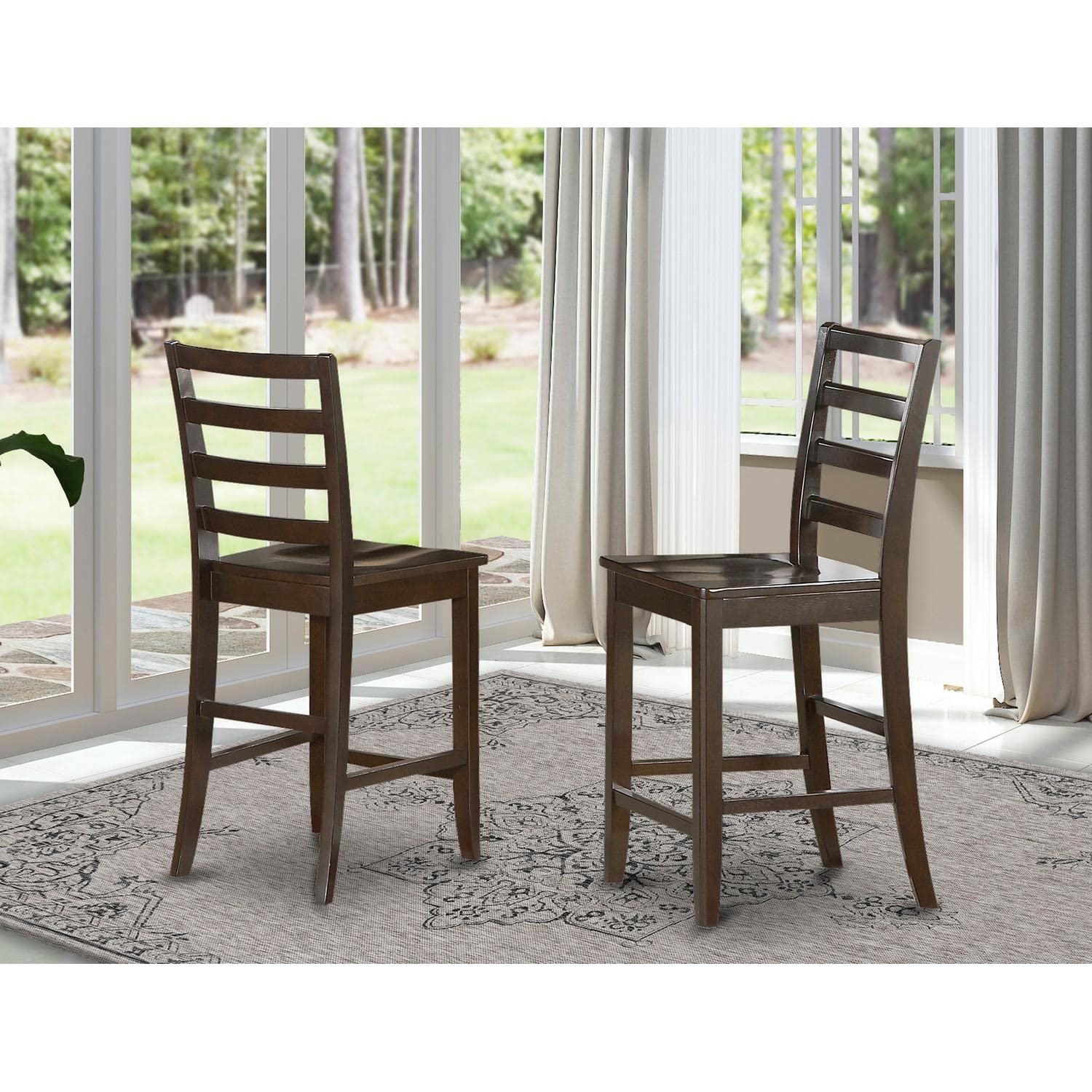 East West Furniture FAS-CAP-W Fairwind Counter Height Dining Stools - Set of 2 Ladder Back Wood Seat Bar Chairs in Cappuccino Finish for Kitchen Island, Breakfast Nook & Pub Table Use