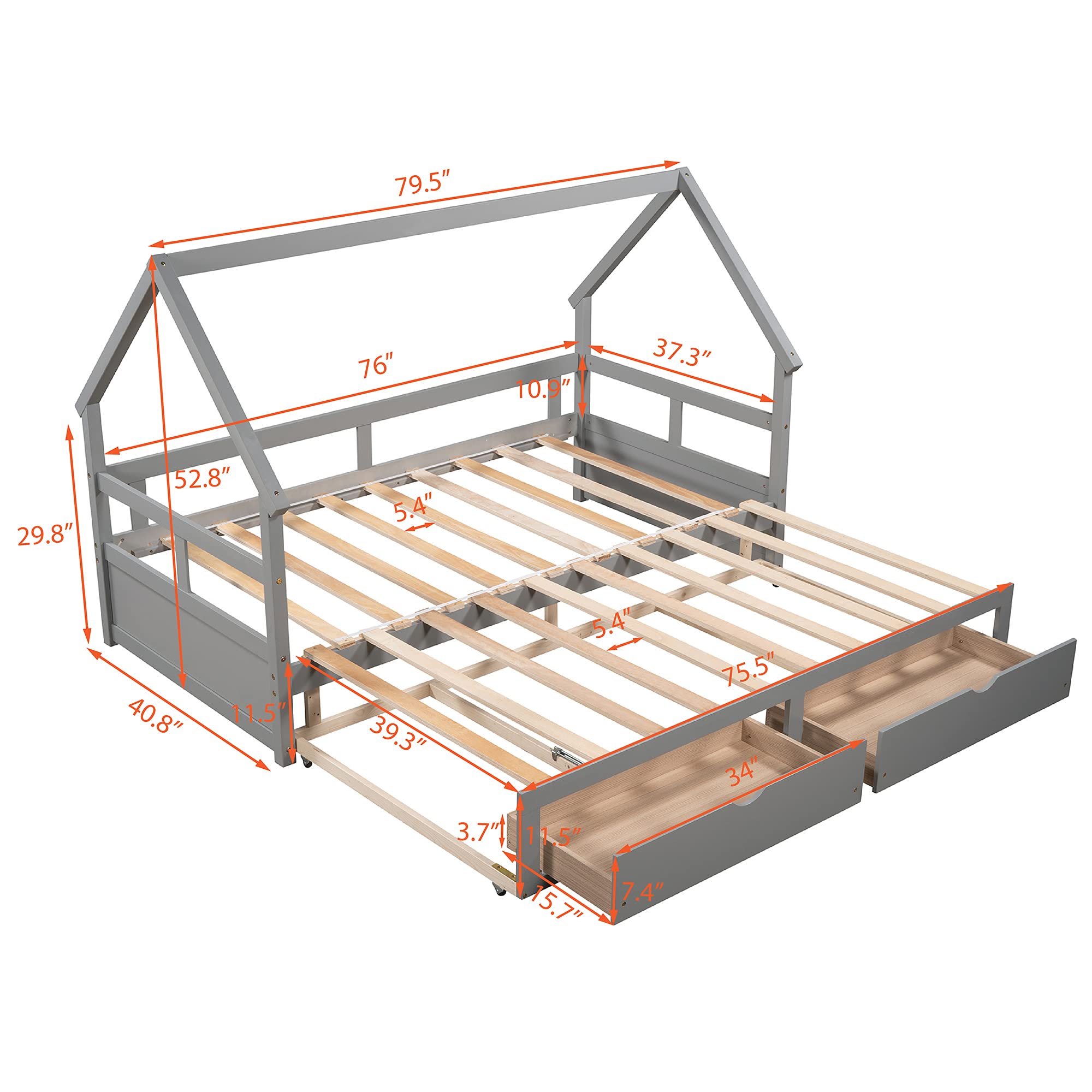 Wooden House-Shaped Daybed with Trundle & 2 Drawers - Kids & Teens Bed Frame with Roof - No Box Spring Needed - Gray - Perfect for Bedrooms, Playrooms & Sleepovers