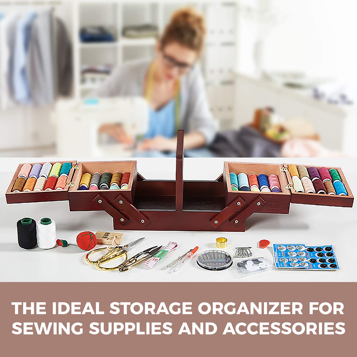 PRIMO SUPPLY Expandable Wooden Sewing Box with Handle - Organizer for Thread Spools, Embroidery Kits & Quilting Supplies - Portable Sewing Storage Basket for Crafters & DIY Enthusiasts - Perfect for Home Sewing Rooms, Craft Studios & Travel Projects