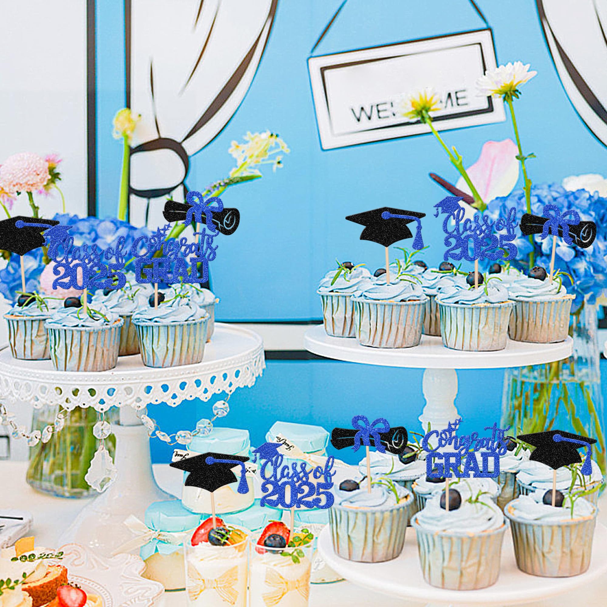 24 PCS Class of 2025 Graduation Cupcake Toppers - Glitter Diploma & Grad Cap Cake Decorations - Blue Graduation Party Supplies for 2025 Theme Celebrations, School Events & Dessert Decorating