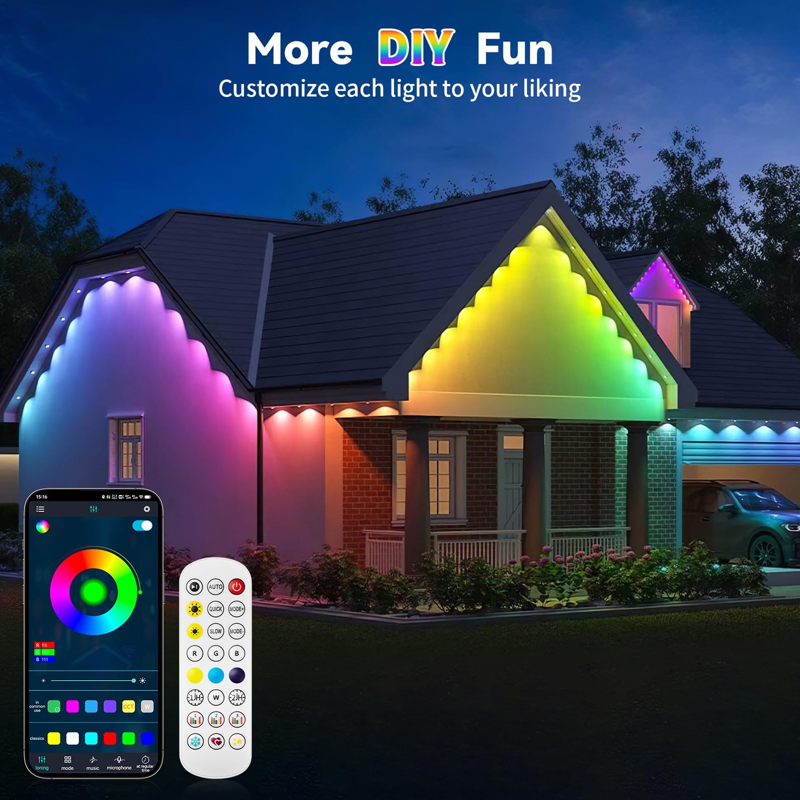 104ft RGBIC Smart LED String Lights with 76 LEDs - Permanent Outdoor Downlights for Eaves, Compatible with Alexa & Google Assistant, Music Sync, APP/Voice/Remote Control - Perfect for Parties, Holiday Decorations, Backyard & Patio Lighting