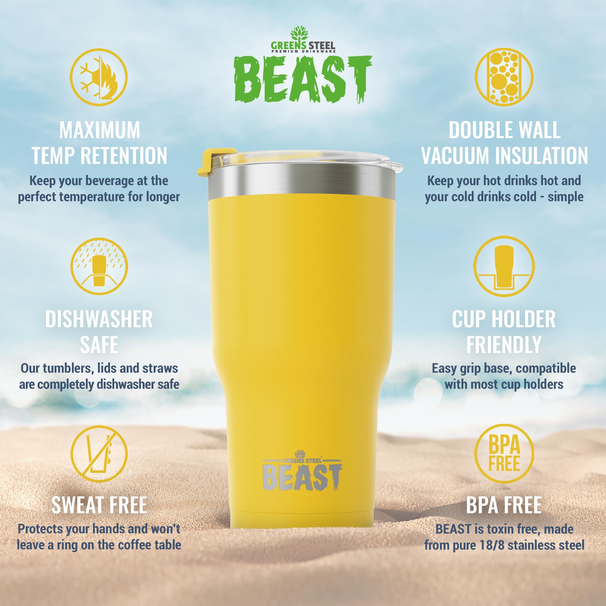 Beast 20 oz Stainless Steel Tumbler - Vacuum Insulated Double Wall Travel Mug for Coffee & Iced Drinks (Lemon) - Perfect for Office, Gym, Camping & Outdoor Activities