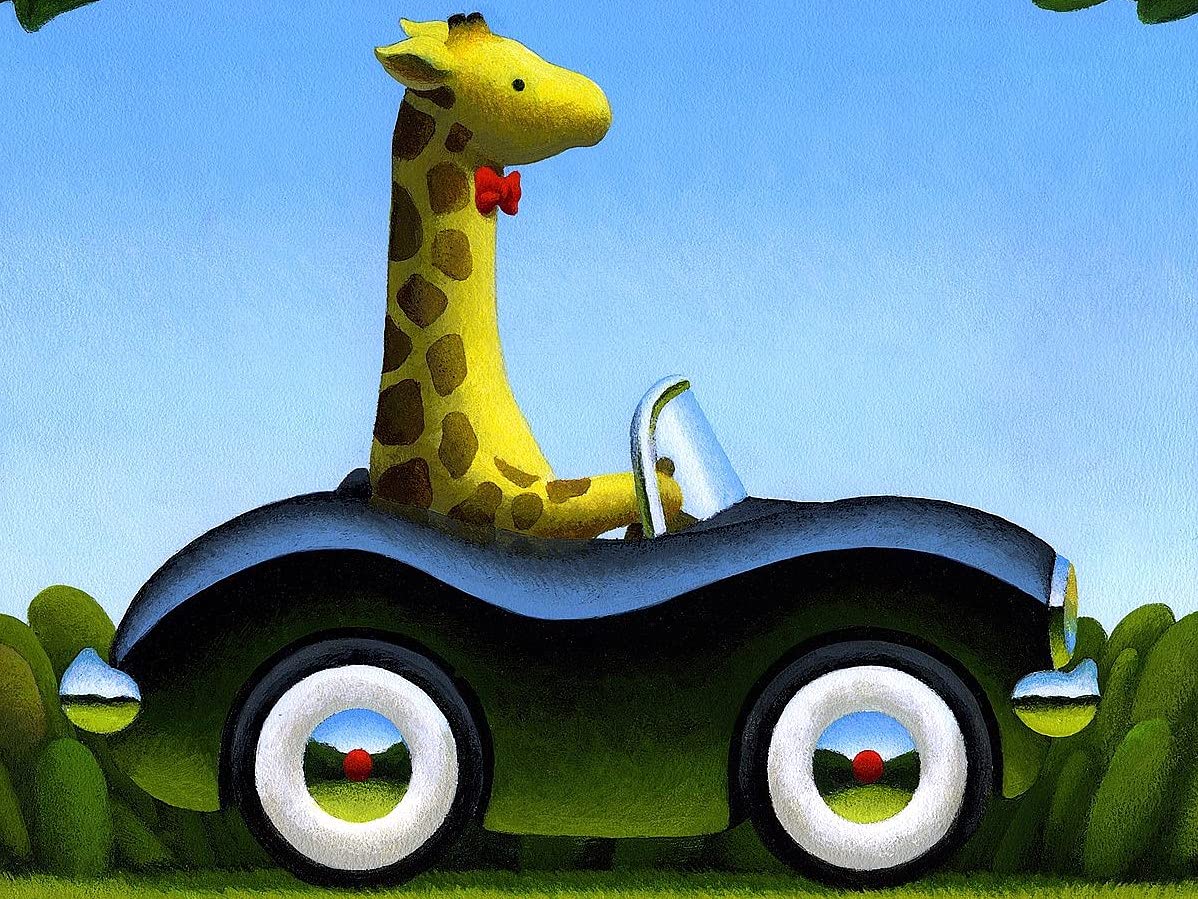 Chris Miles Giraffe Toy Car Whimsical Art Print - 11x14 Inches Children's Room Decor, Nursery Wall Art, Funny Animal Poster for Kids Bedroom & Playroom