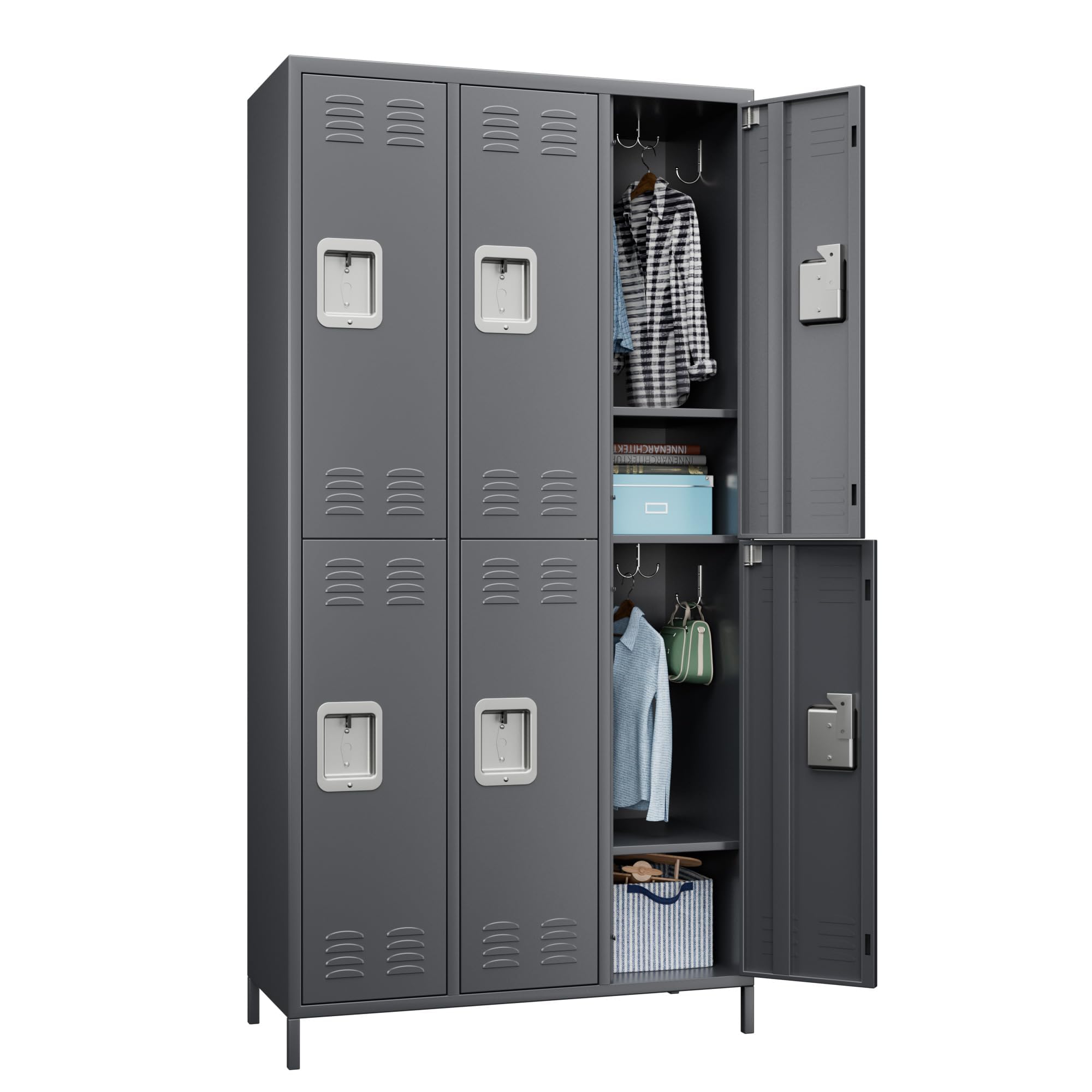 6-Door Steel Storage Locker with 18 Hooks & Built-in Lock - Heavy Duty Metal Employee Lockers for School, Office, Gym, Garage & Bedroom Organization (Dark Gray, Assembly Required) - Perfect for Secure Storage in Workplaces, Schools and Home Spaces