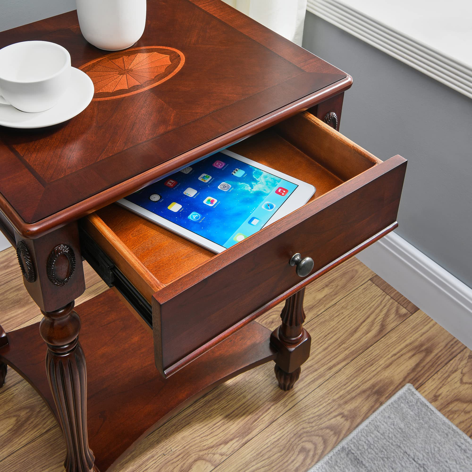 Solid Wood Side Table with Drawer & Storage Shelf - Traditional Walnut End Table, Narrow Telephone Stand, Nightstand & Sofa Table for Living Room, Bedroom & Office - Perfect for Small Spaces & Home Decor (GBJ1533WD)