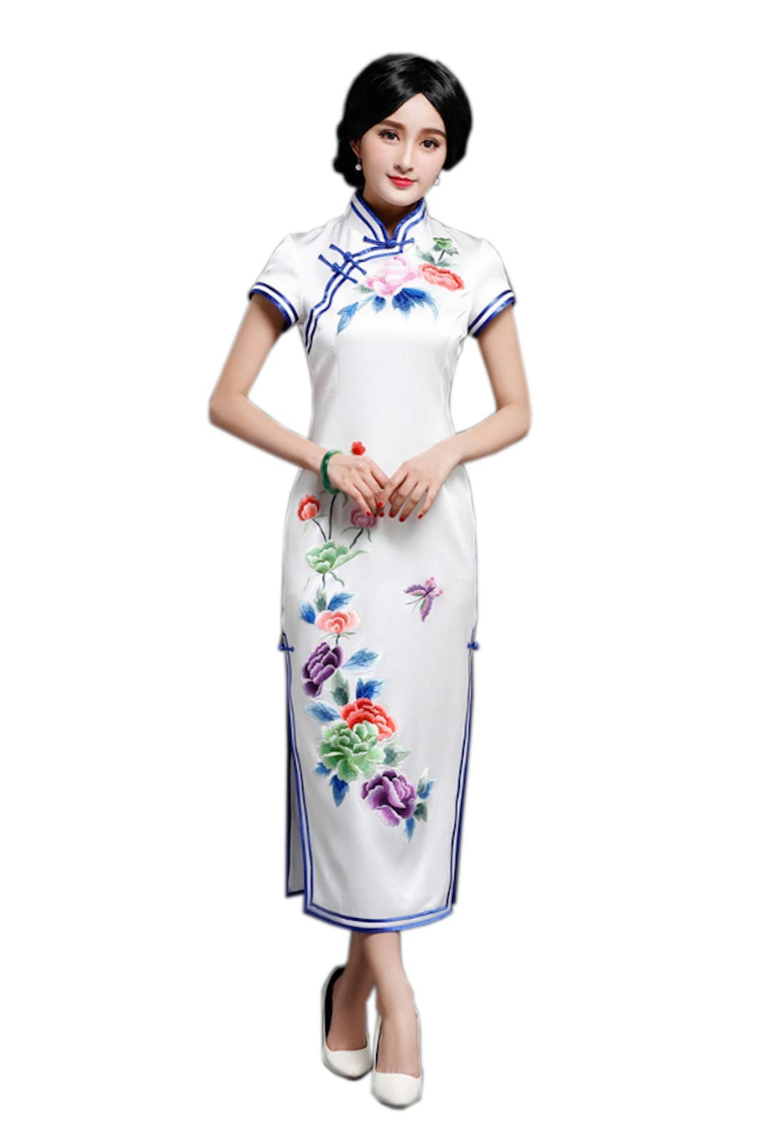 Elegant White Silk Cheongsam Dress for Women - Traditional Chinese Embroidered Qipao Evening Gown | Perfect for Weddings, Parties & Special Occasions