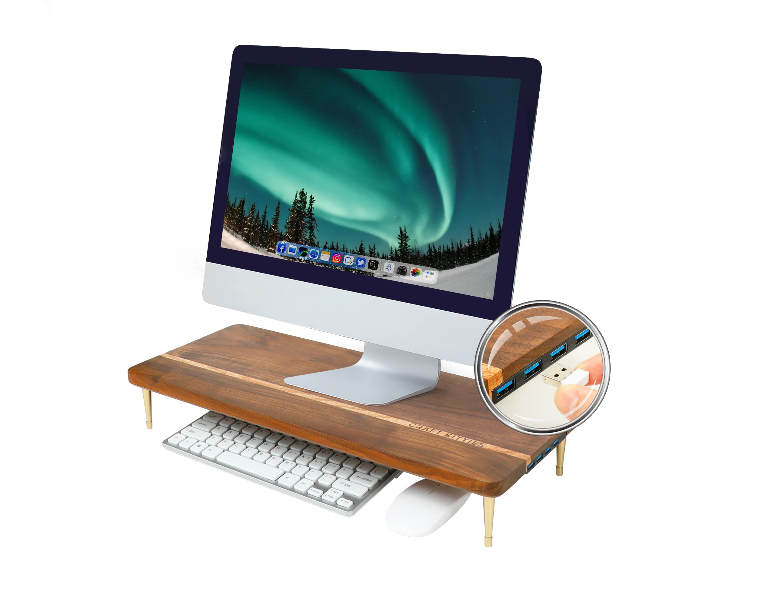 Premium Wood Monitor Stand Riser with 4 USB Ports - American Walnut Desktop Organizer & Charging Hub (20.5x8.3in) - Perfect for Computer, Mac, PC & Smartphone - Ideal for Home Office, Gaming Setup & Workspace Organization
