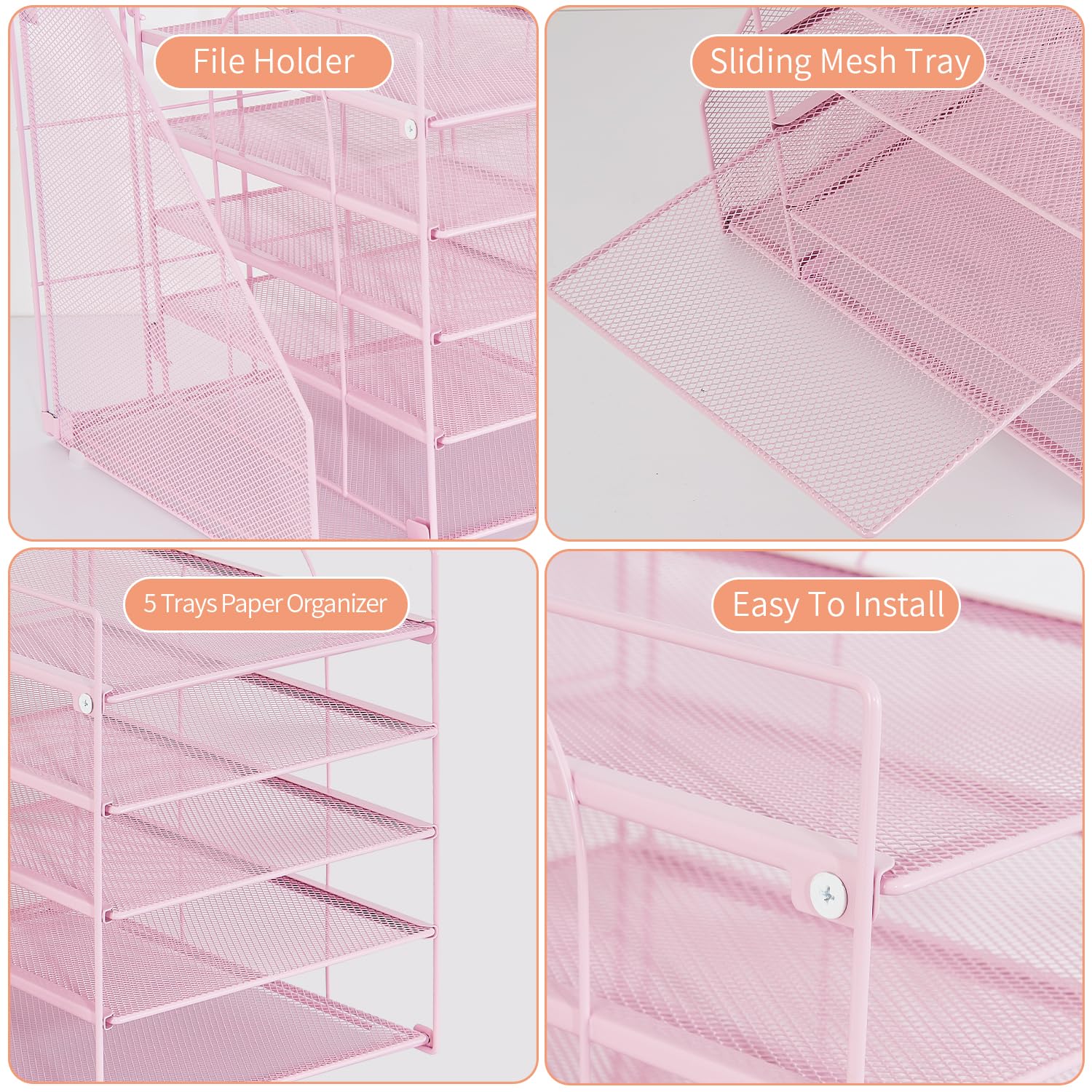 5-Tier Paper Letter Tray Organizer with File Holder - Pink Desk Organizer for Office & Home - Perfect for Mail, Documents, Bills, and Office Supplies Storage