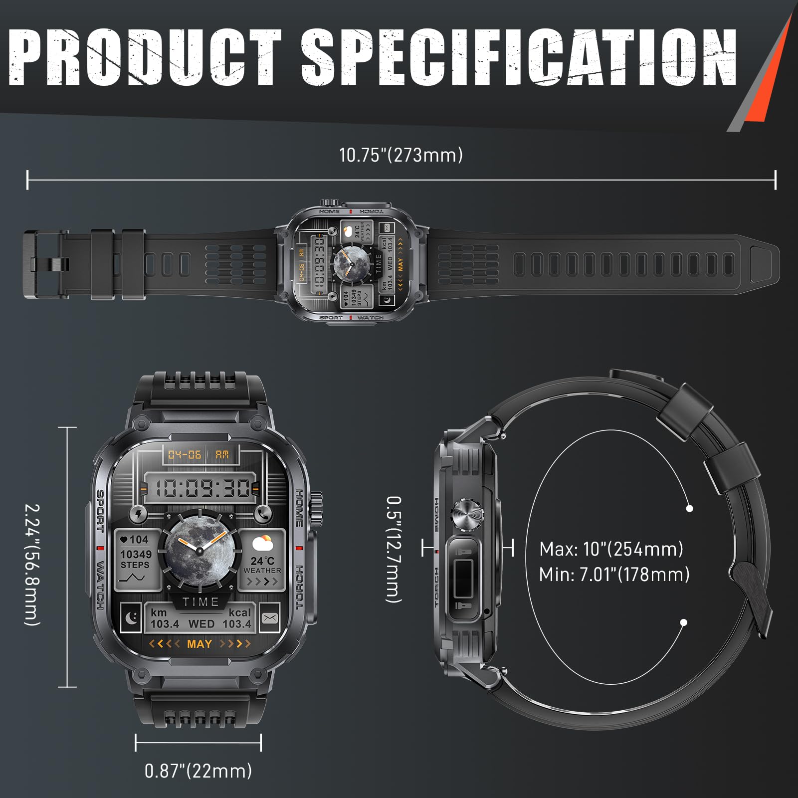 Military Tactical Smart Watch for Men - 3ATM Waterproof, 2.02