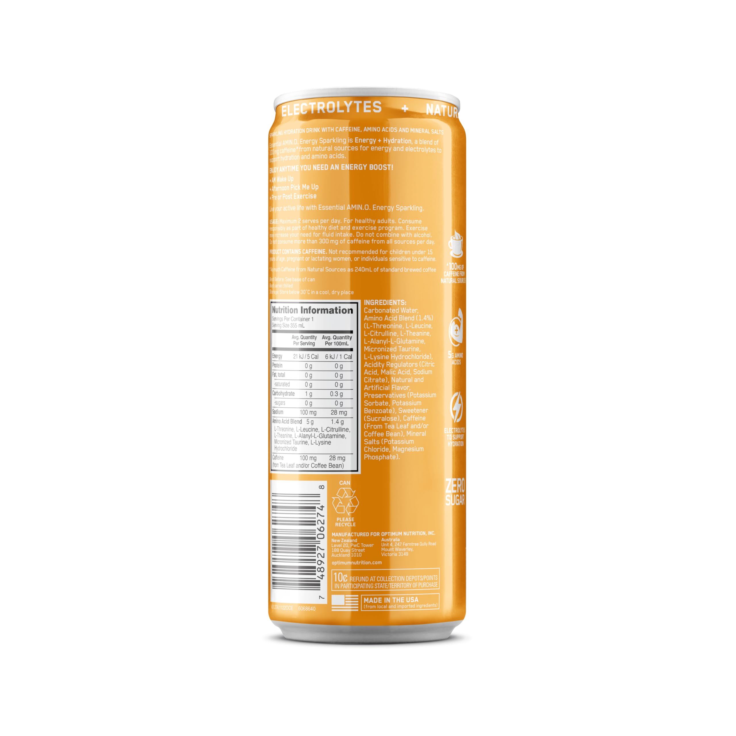 Optimum Nutrition Amino Energy Sparkling Hydration Drink with Electrolytes, Caffeine & BCAAs - Sugar Free Mango Pineapple Limeade Flavor, 12 Fl Oz (12 Pack) - Perfect for Workouts, Recovery & Energy Boost