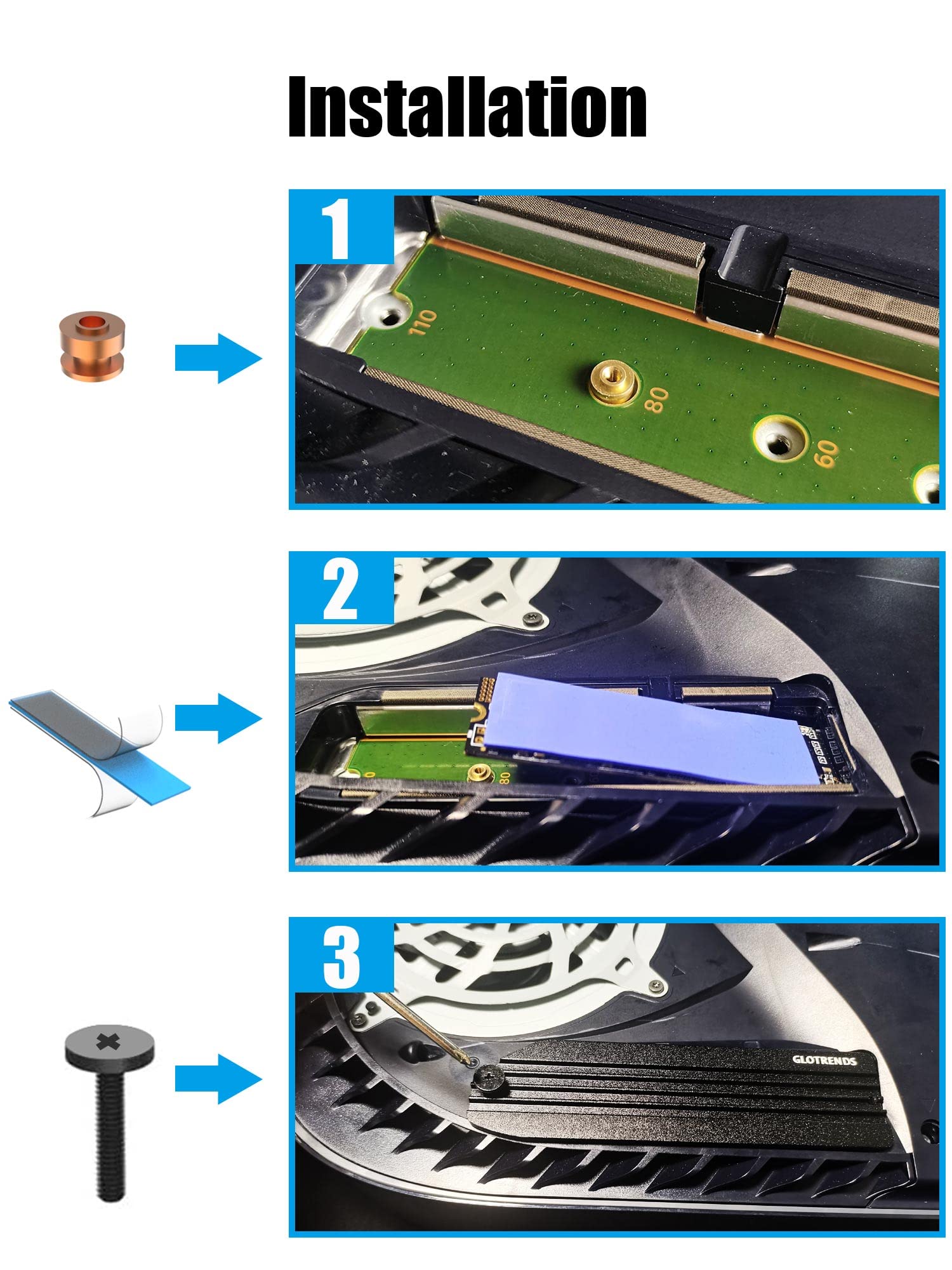 GLOTRENDS PS5 SSD Heatsink with Copper Heat Pipe & Installation Screws - High-Performance Cooling for PS5 Digital & Disc Edition (Gaming, Streaming, Fast Loading)