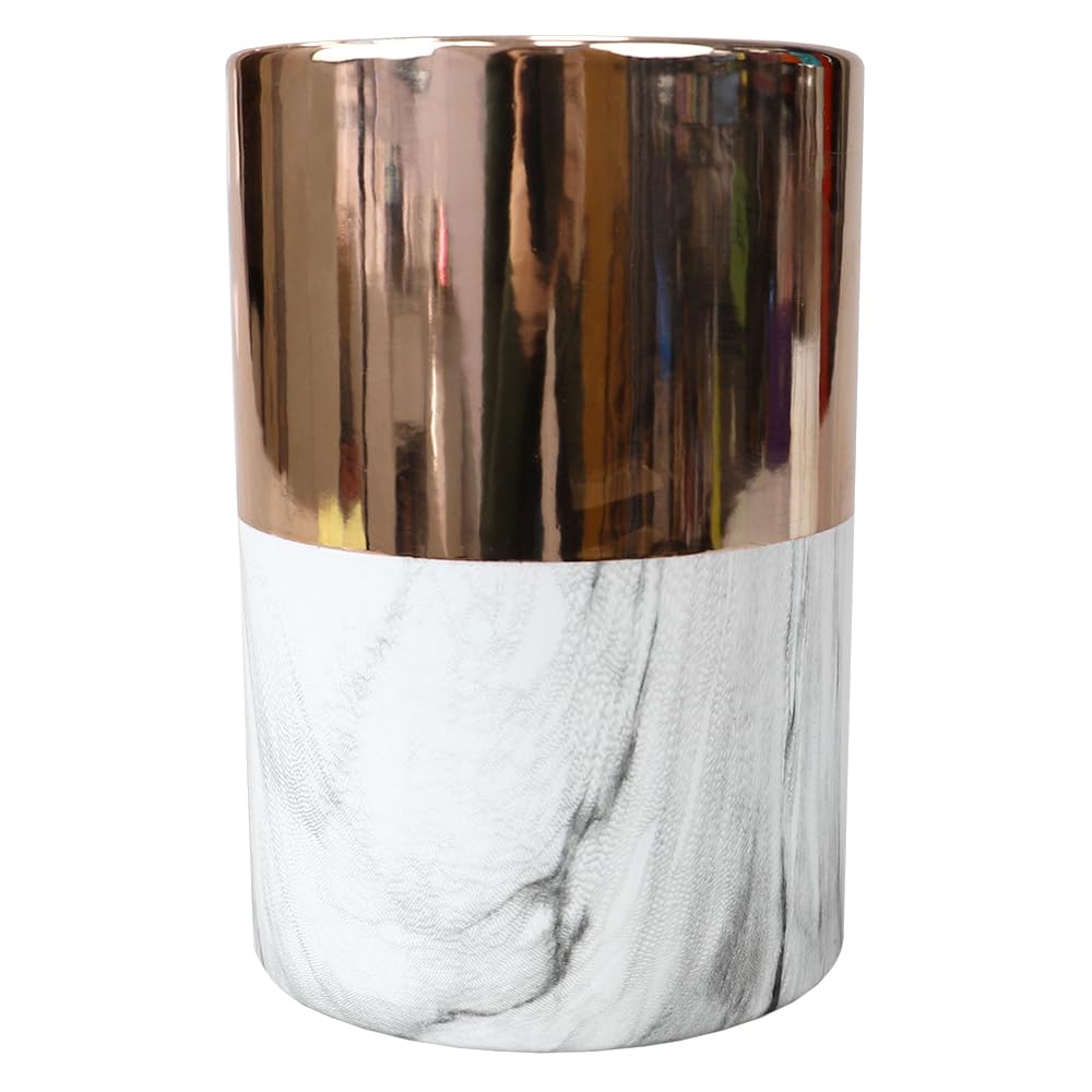 Premium Large Ceramic Kitchen Utensil Holder - White Marble & Rose Gold Countertop Organizer for Spoons, Spatulas, Knives & Cooking Tools | Perfect for Modern Kitchens, Cooking Stations & Countertop Organization