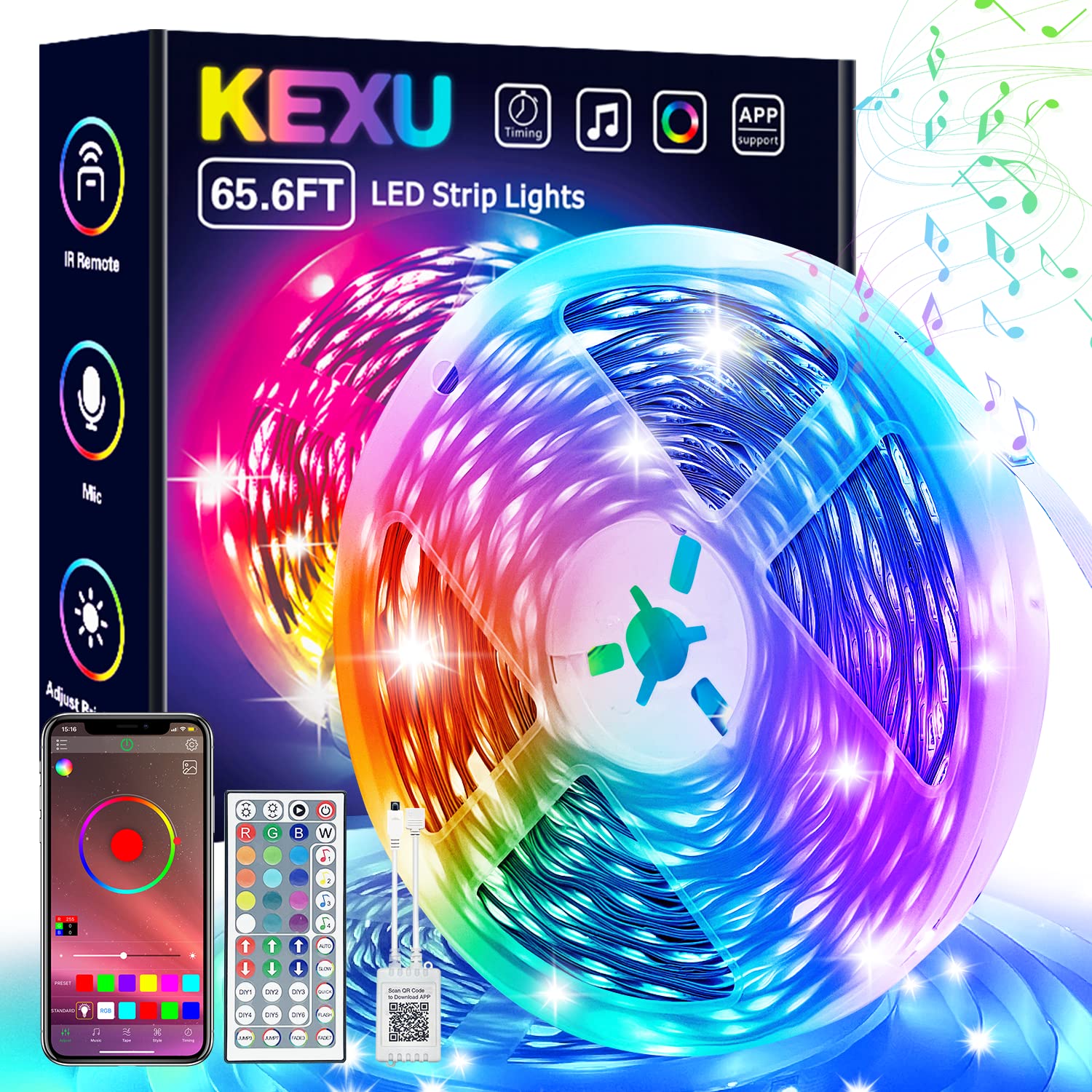 KEXU 65.6ft Smart LED Strip Lights with App Control & Music Sync - RGB Color Changing Lights for Bedroom, Gaming Room, Party Decoration & Home Ambiance Lighting