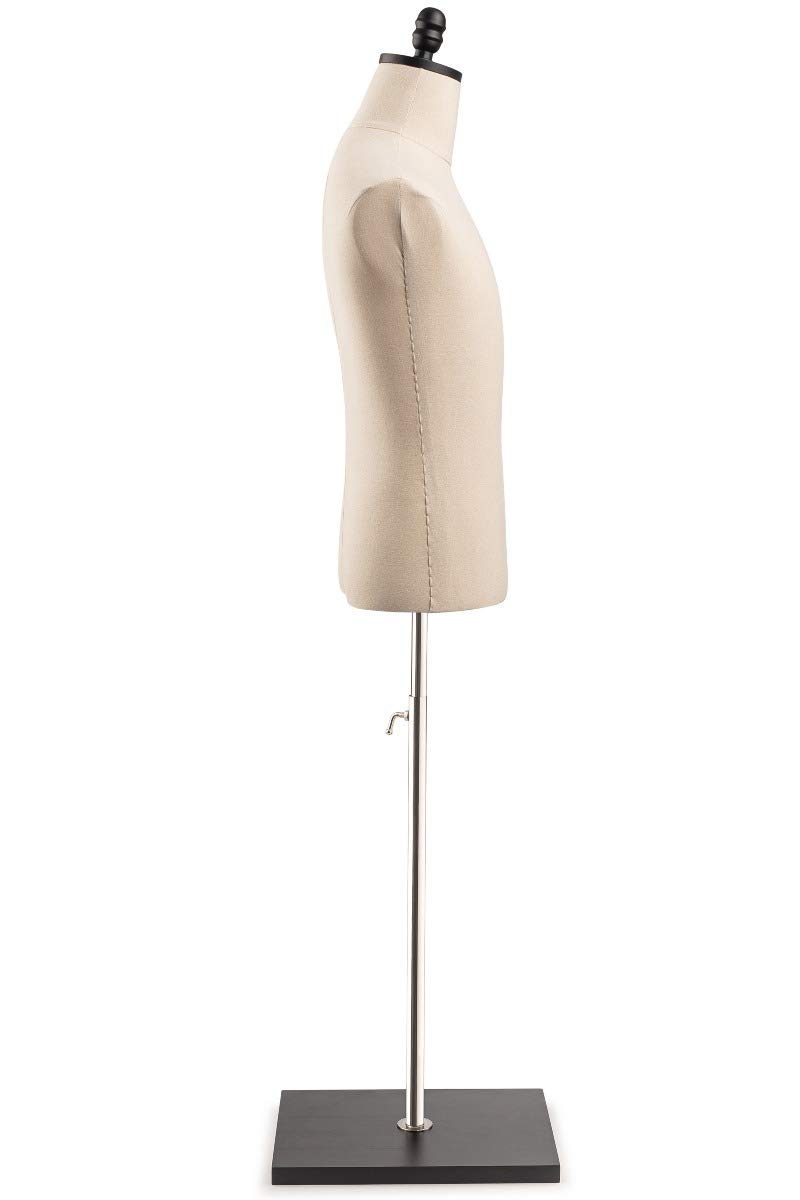TSC Medium Black Male Dress Form Mannequin - Natural Canvas Fabric on Modern Wooden Square Base | Perfect for Tailors, Fashion Designers & Boutique Displays