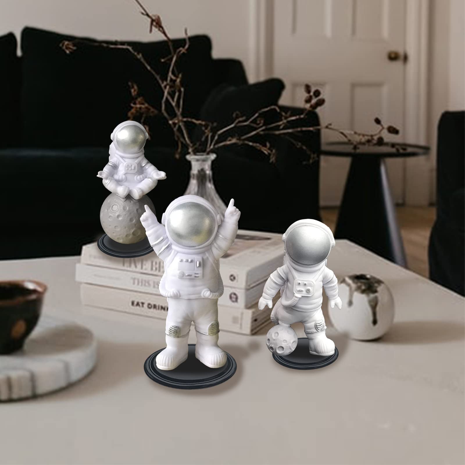 4 PCS Astronaut Figurines - Silver Spaceman Cake Toppers, Resin Astronaut Decorations for Outer Space Themed Birthday Parties, Kids Room Decor & Desktop Ornaments - Includes 3 Astronaut Figures & 1 Keychain - Perfect for Space-Themed Cakes, Cupcakes, Gift Giving & Sci-Fi Decor