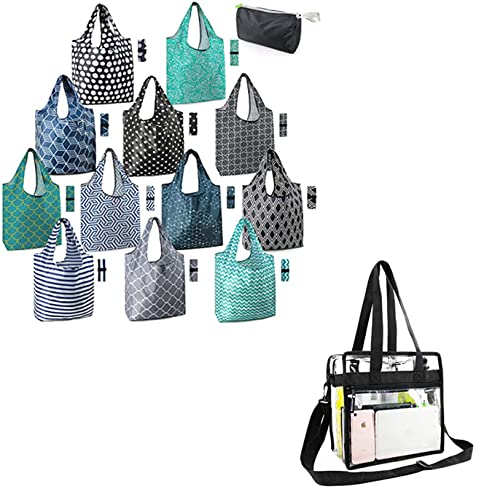 BeeGreen Reusable Grocery Bags - 12 Pack Large Washable Foldable Tote with Zipper Storage Pouch & Clear Stadium Bag, Front Pocket & Adjustable Shoulder Straps | Eco-Friendly Shopping, Travel & Sports Events
