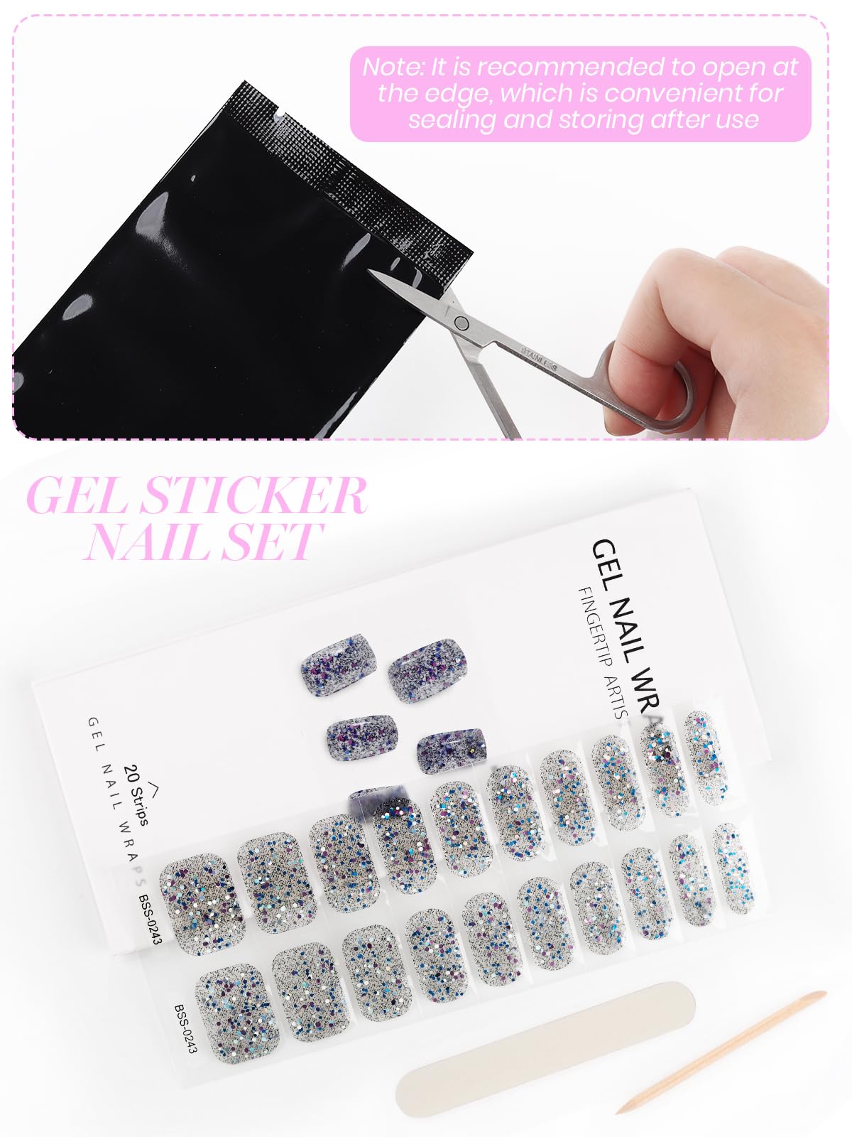 TOROKOM 20-Piece Blue Sequins Cured Gel Nail Strips Kit with Adhesive Wraps, Nail File & Sealing Strip | DIY Salon-Quality Manicure at Home | Requires UV/LED Lamp for Long-Lasting Wear (Perfect for Parties, Weddings & Special Occasions)