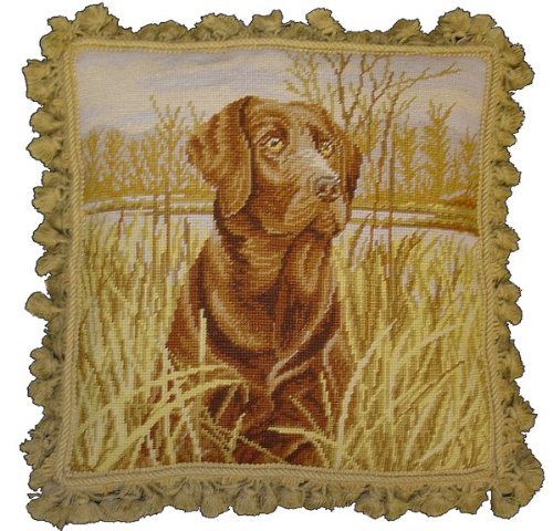 Dog in Grass Needlepoint Pillow - 18x18 Inch Handmade Decorative Throw Pillow for Living Room, Bedroom, or Nursery