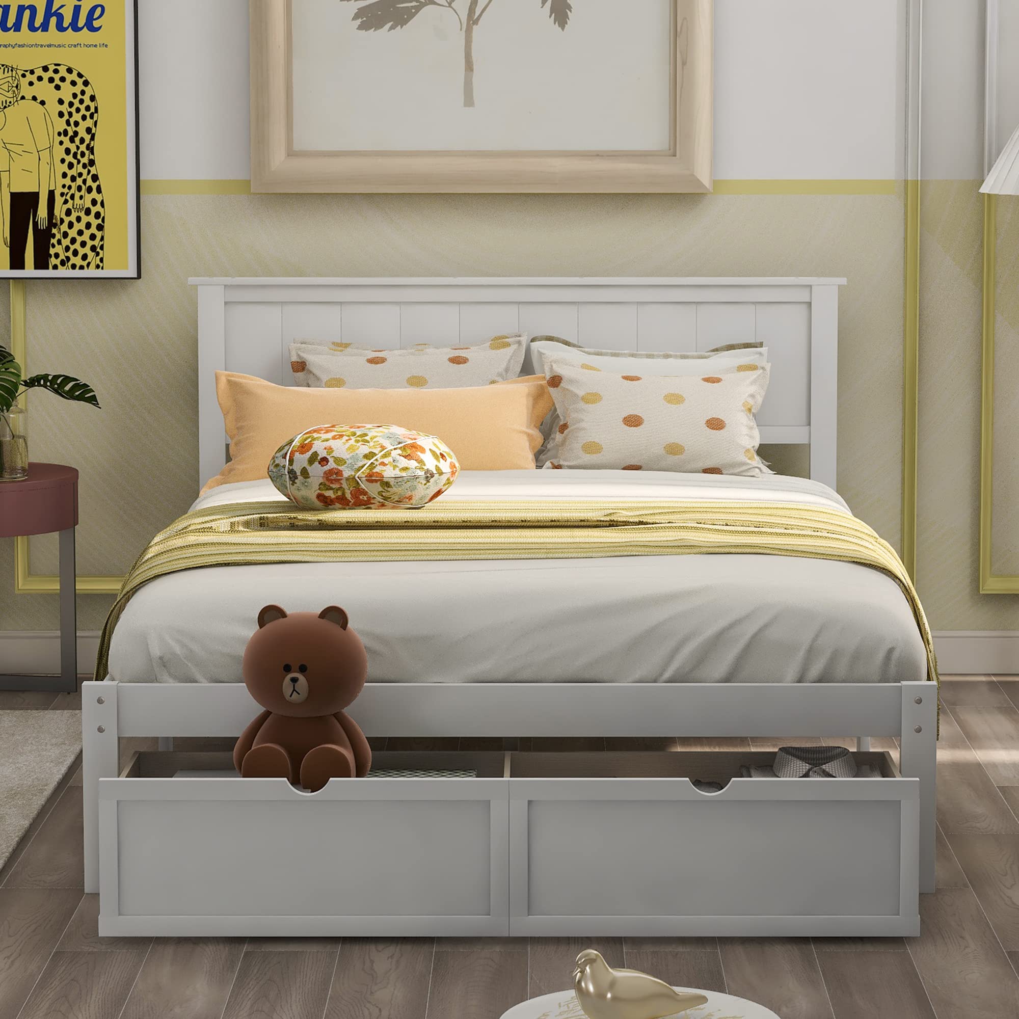 Merax Full Size Wooden Platform Bed Frame with Headboard & Storage Drawers - No Box Spring Needed - Perfect for Kids, Teens & Guest Rooms (White)