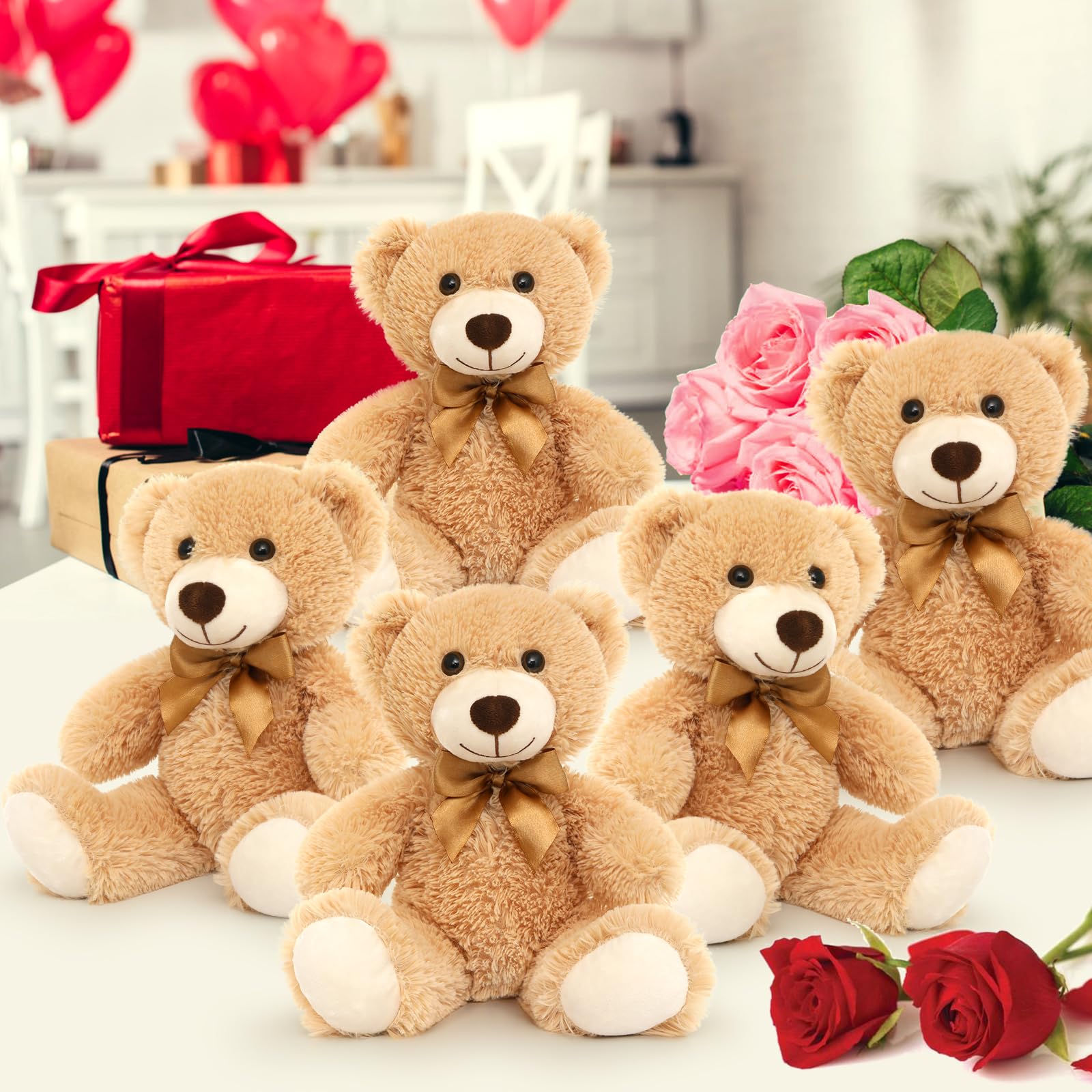 Tezituor 14in Small Teddy Bear Stuffed Animal Plush Toy - Bulk Pack of 5, Light Brown Soft Cuddly Bears - Perfect for Baby Showers, Christmas Gifts, Valentine's Day Presents for Kids, Girlfriends & Loved Ones - Great as Nursery Decor, Party Centerpieces & Comfort Toys