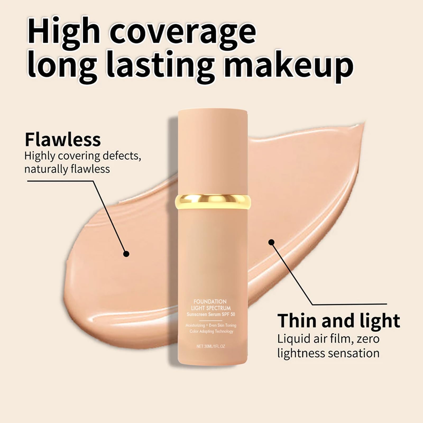 4-in-1 Temperature Changing Liquid Foundation 30g - SPF 50+ Long Lasting Waterproof High Coverage Korean Makeup with Medium Spectrum | Perfect for Daily Wear, Special Occasions & Hot Weather