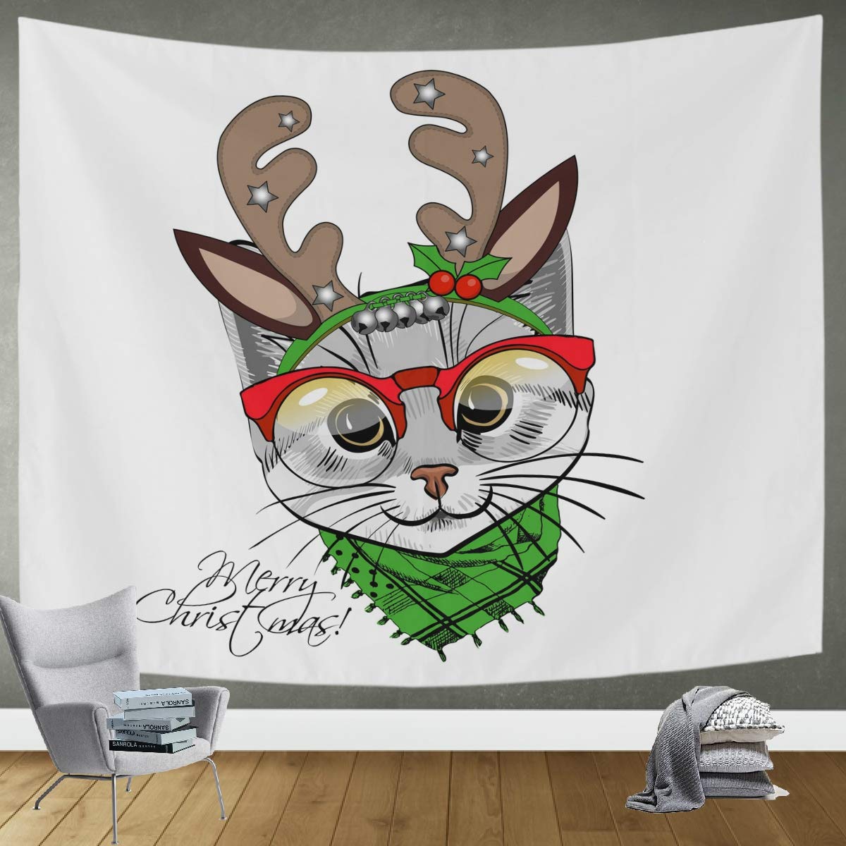 DOMIKING Large Tapestry Wall Hanging 80x60in - Christmas Cat with Deer Horns & Red Scarf Boho Room Decor for Living Room, Bedroom, Dorm | Perfect for Holiday Home Decor & Cozy Winter Atmosphere