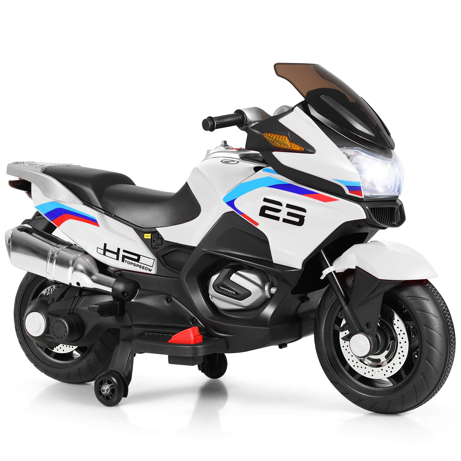 Costzon 12V Electric Kids Ride On Motorcycle with Training Wheels, LED Lights & Music - Battery Powered Toy Bike with Forward/Reverse & Pedal - Perfect Gift for Boys & Girls (White) - Great for Birthday Presents, Outdoor Play & Backyard Fun