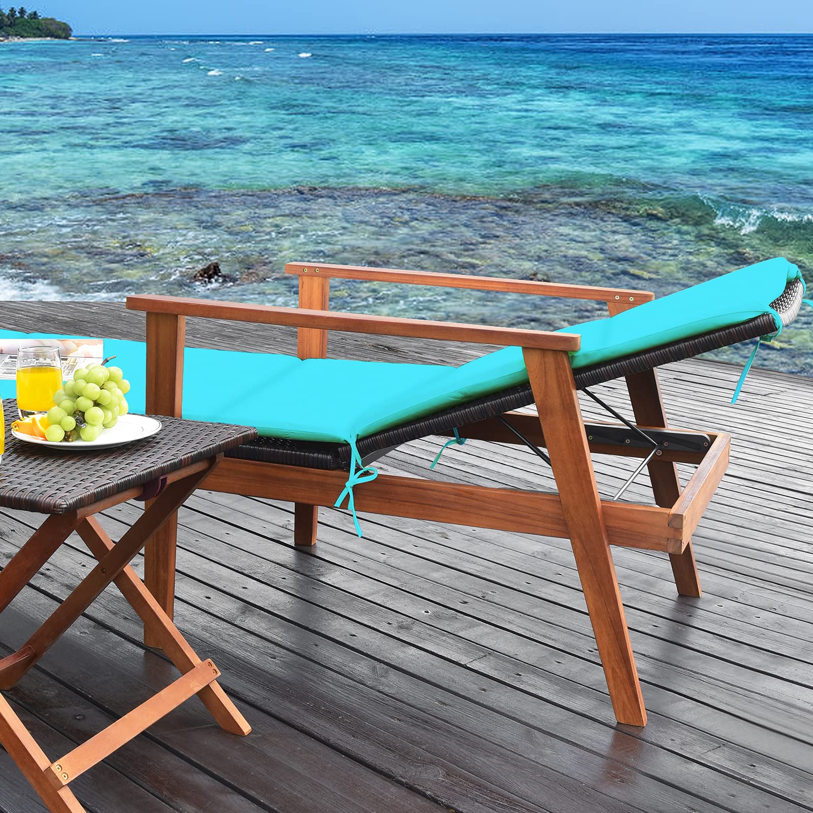 **Acacia Wood Chaise Lounge Set with Folding Coffee Table & Removable Cushions - 4 Adjustable Positions, Rattan Reclining Chair for Poolside, Garden, Beach, Patio - Turquoise Outdoor Furniture for Relaxation & Sunbathing**