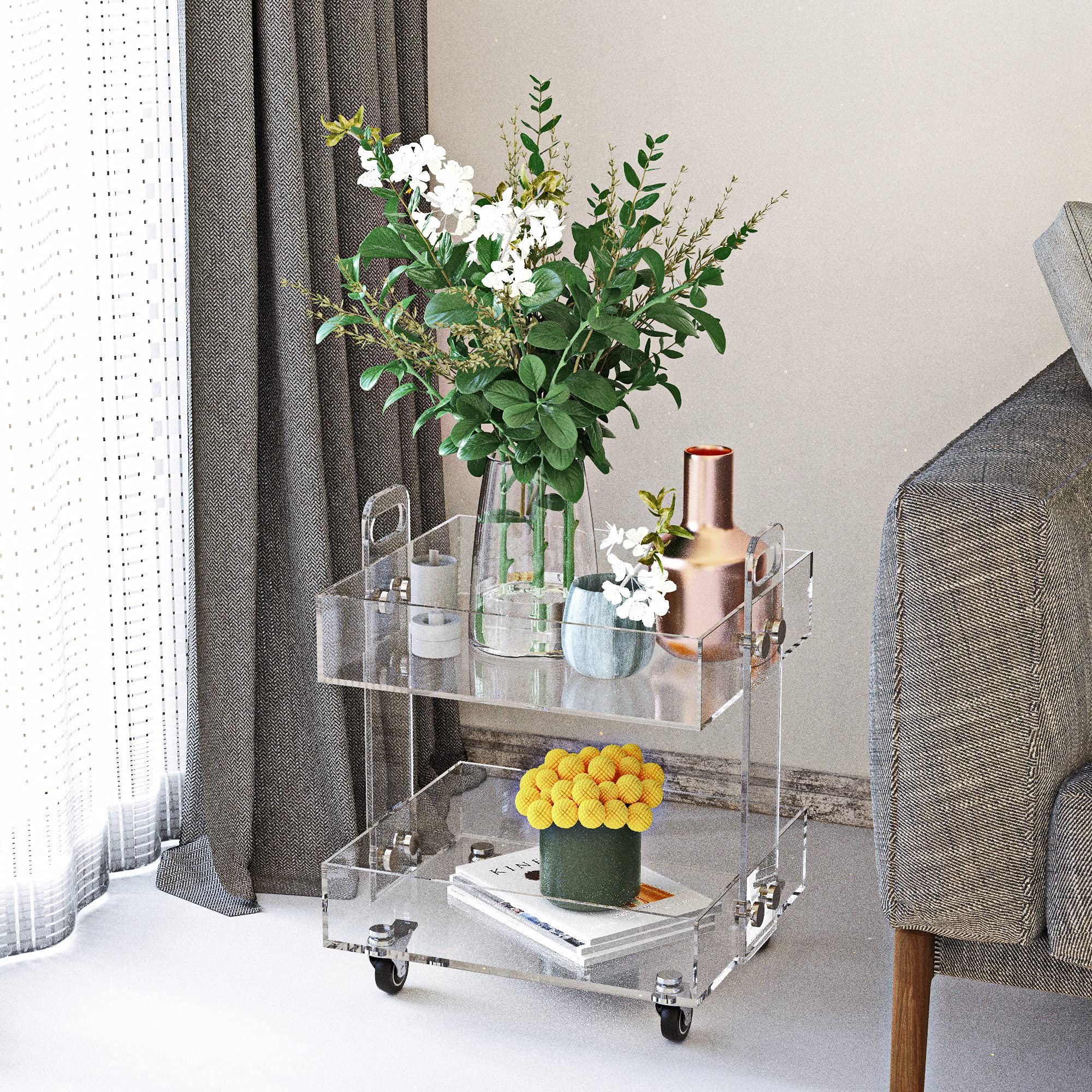 ONELUX Flat Packed Clear Acrylic Side Table with Wheels - Modern Bedside Night Stand (41×34×48cm) for Living Room, Bedroom & Office Use