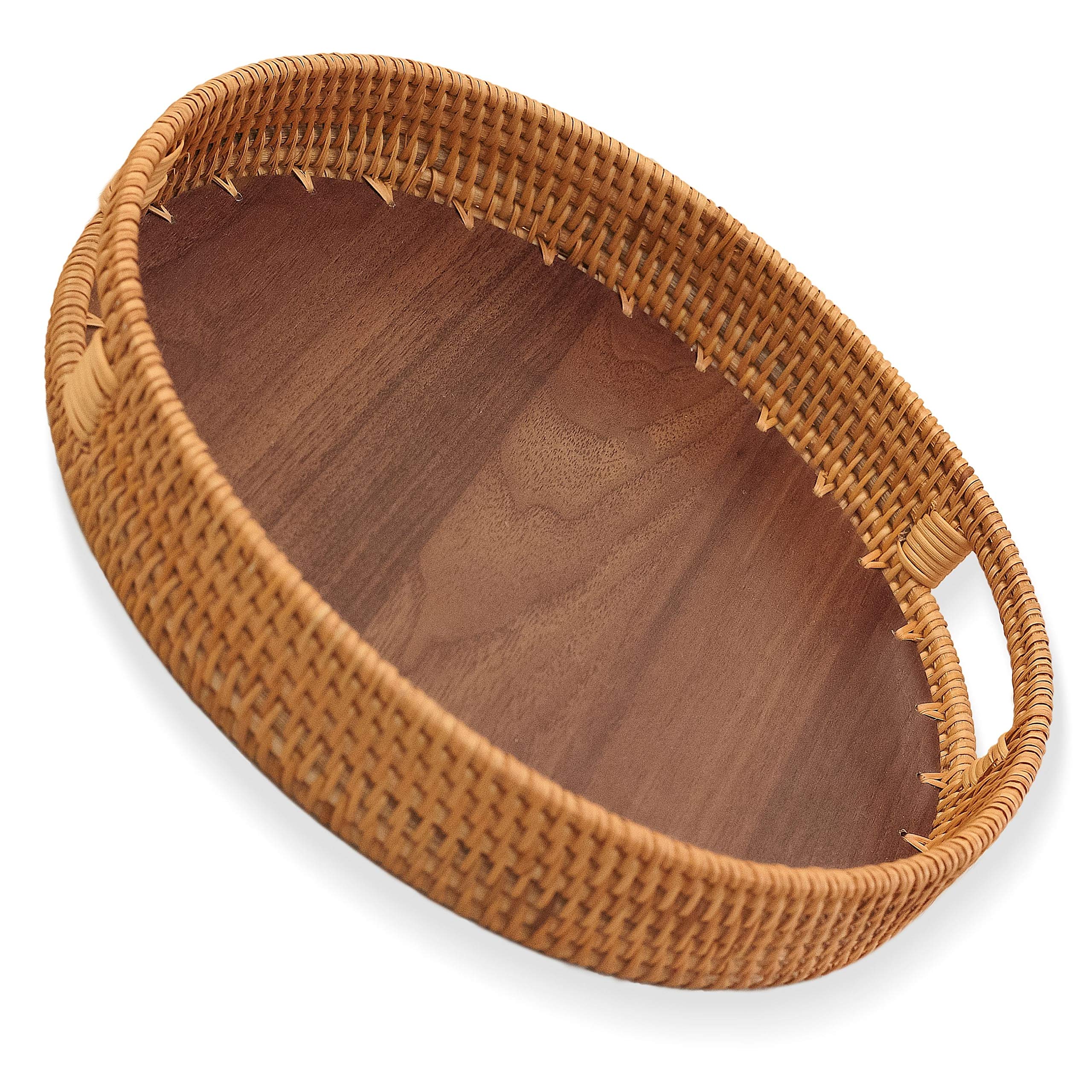 Natural Rattan Decorative Tray with Wooden Frame - Multipurpose Coffee Table, Ottoman, Vanity & Serving Tray - Perfect for Home Decor, Fruit Display and Entertaining Guests