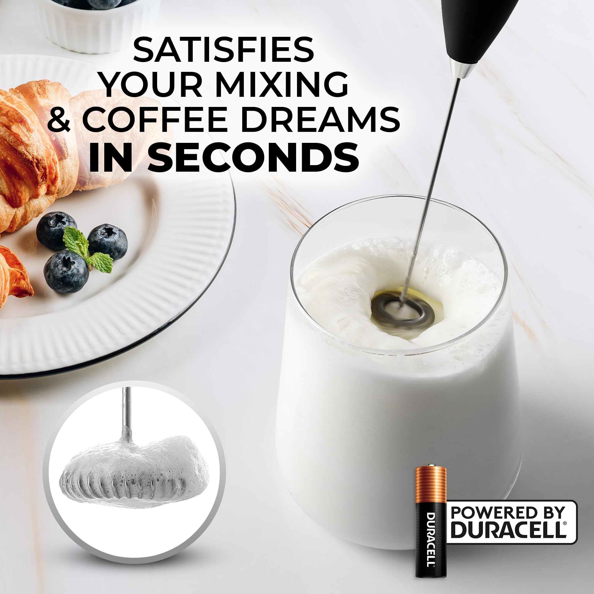 Zulay Powerful Milk Frother Handheld Electric Whisk - Includes 4 Duracell Batteries - Coffee Frother Wand for Cappuccino, Latte, Matcha & Hot Chocolate - Ideal for Home, Office & Coffee Shops - Black