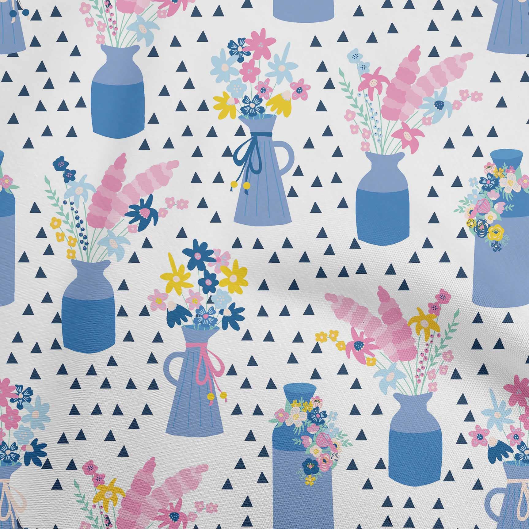 oneOone Silk Tabby Medium Blue Floral Vase Print Fabric - 42 Inch Wide Geometric Design Sewing Material for DIY Crafts, Home Decor & Quilting Projects