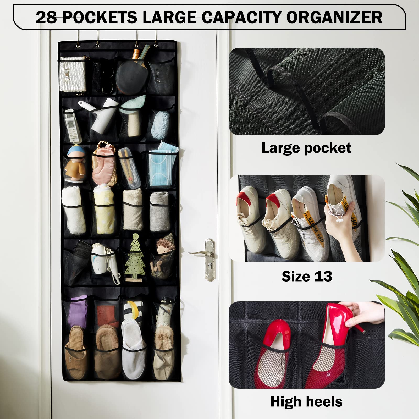 Over Door Shoe Organizer with 28 Extra Large Mesh Pockets - Space Saving Hanging Shoe Rack for Closet, Bedroom & Entryway Organization (Black)