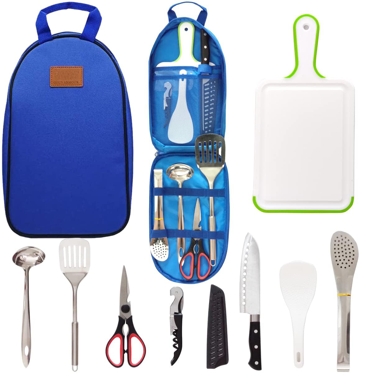 Portable Camp Kitchen Utensil Organizer Set - Stainless Steel BBQ & Camping Cookware Kit with Cutting Board, Tongs, Scissors, Knife, Ladle & Spatula - Perfect for Outdoor Cooking, Picnics & RV Travel