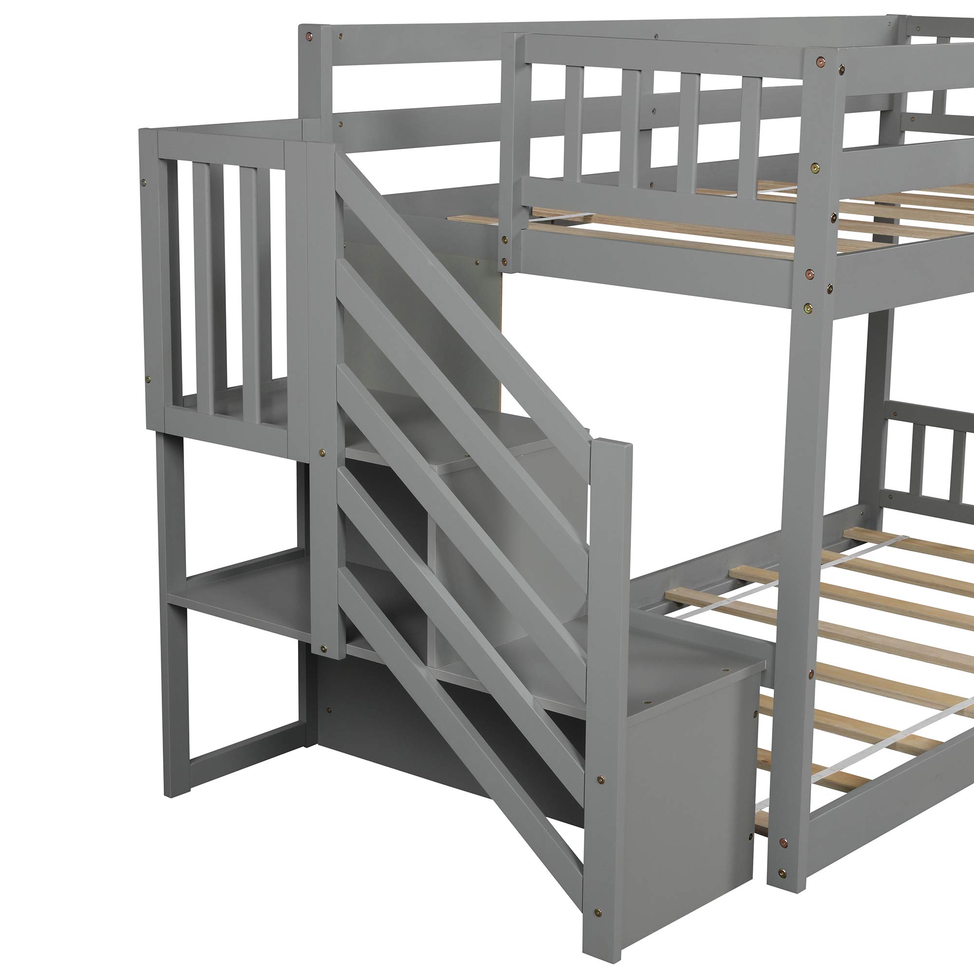 Harper & Bright Designs Twin Over Twin Low Bunk Bed with Stairs & Storage - Sturdy Wooden Kids Bunk Bed for Girls and Boys in Gray - Perfect for Small Bedrooms, Shared Kids Rooms & Space-Saving Sleep Solutions