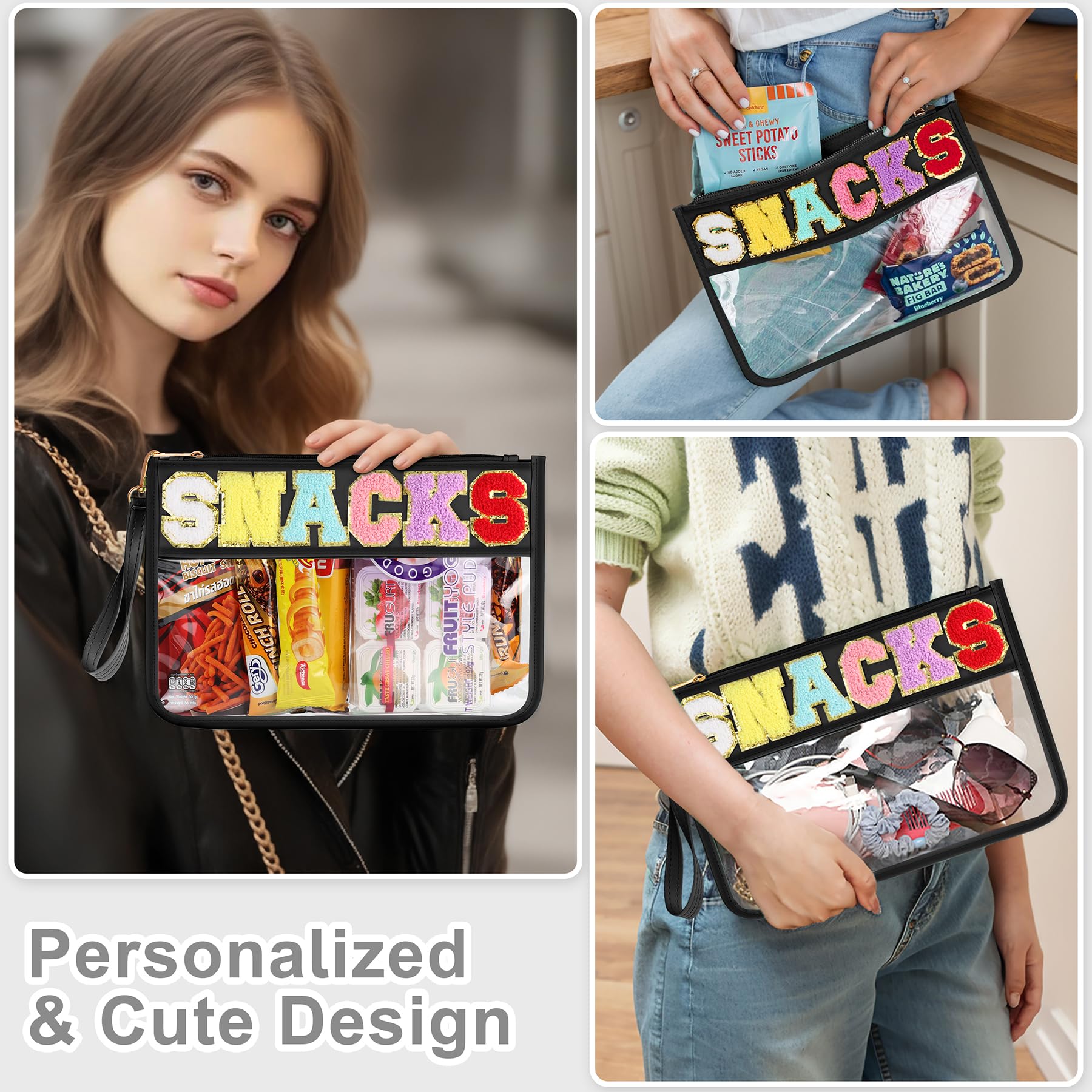 Clear Chenille Varsity Letter Zipper Pouch - Waterproof Nylon Snack & Makeup Bag for Travel | Perfect for School, Gym & Cosmetics Storage (Women & Girls)
