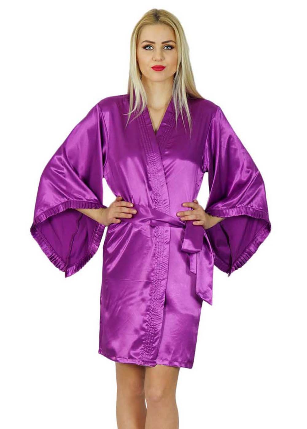 Bimba Women's Short Satin Kimono Robe - Elegant Lace Trim Bridal Robe for Bride & Bridesmaids - Perfect for Wedding Getting Ready, Bridal Shower, Spa Day & Special Occasions