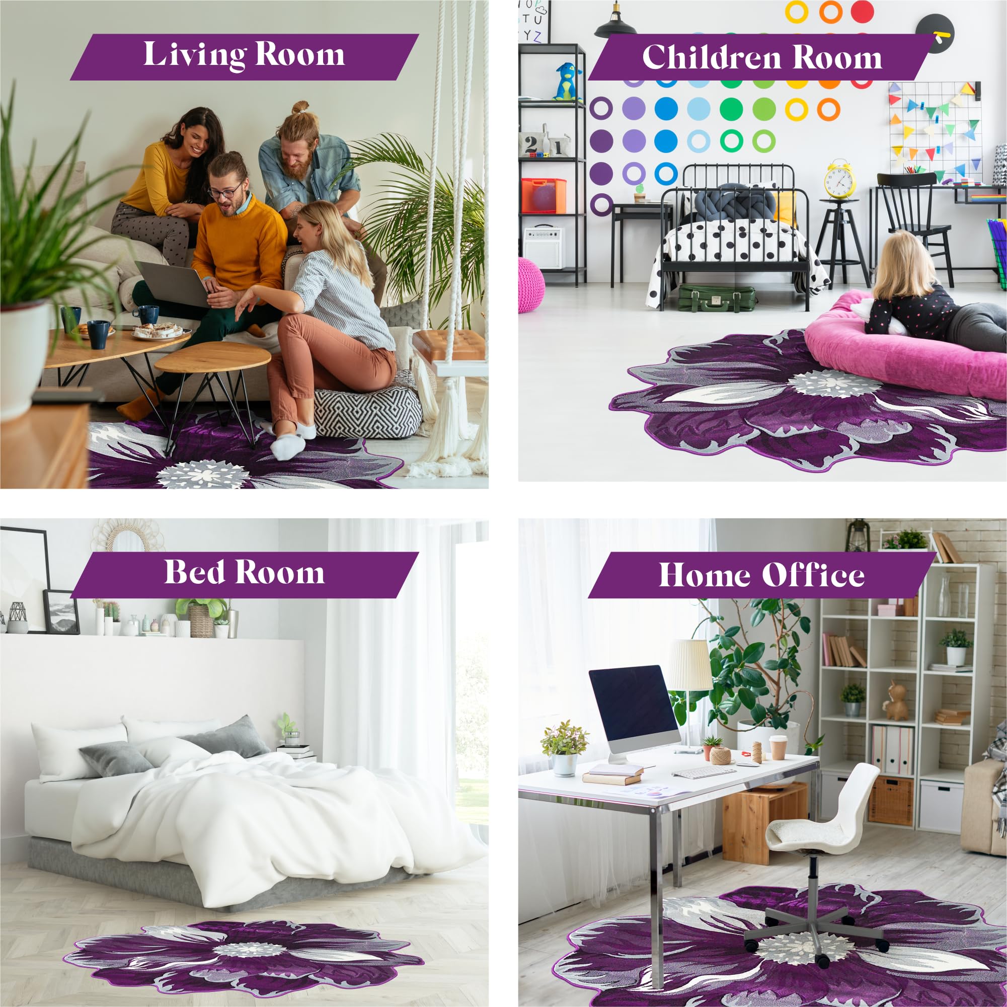 6ft Round Flower Shaped Area Rug - Soft Plush Circle Carpet for Bedroom, Living Room & Nursery - Girly Home Decor in 305 Purple - Perfect for Boho Chic Decor, Kids Room & Cozy Floor Seating