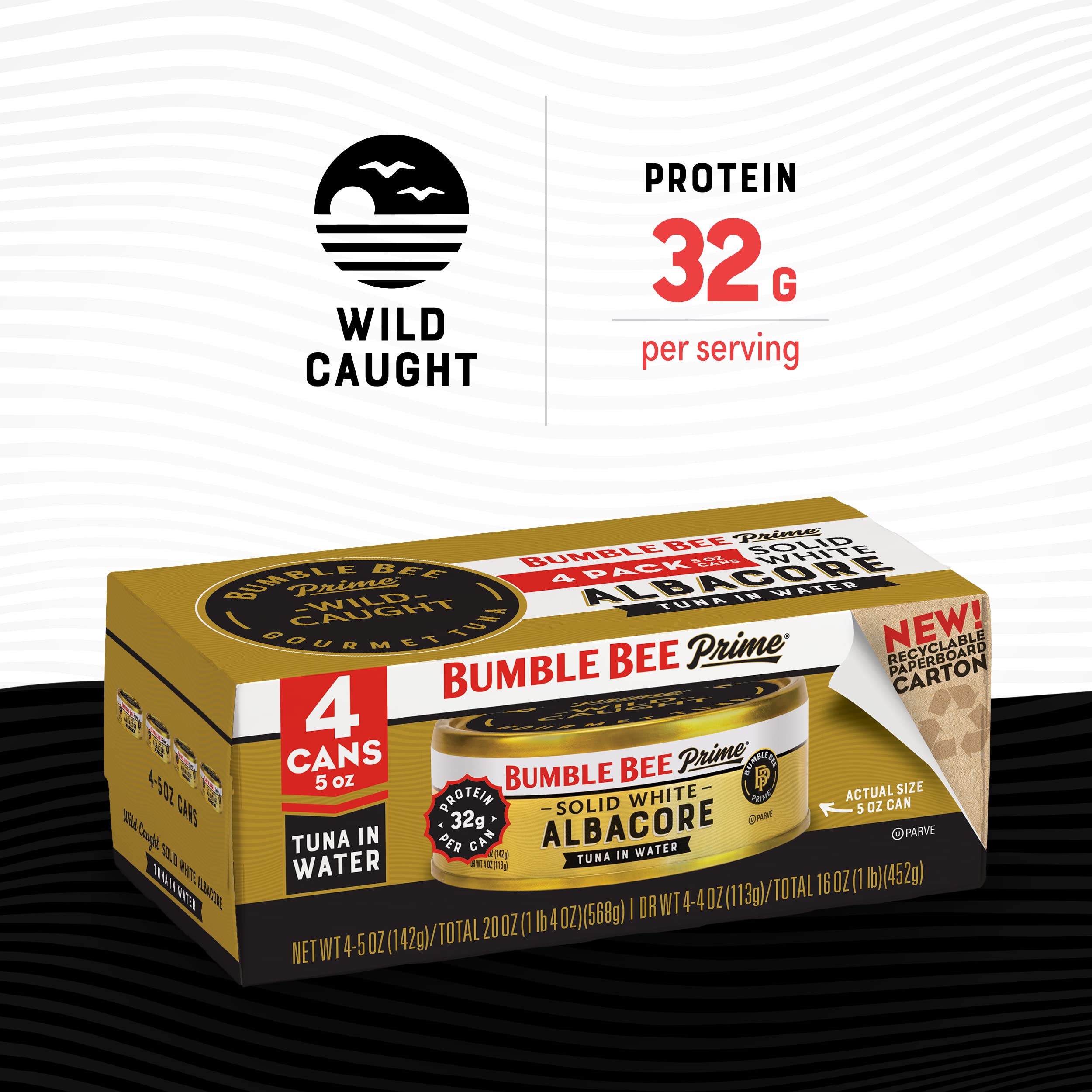 Bumble Bee Prime Solid White Albacore Tuna in Water, 5 oz Cans (Pack of 4) - Wild Caught, High Protein Tuna (32g per Serving) - Non-GMO, Gluten Free, Kosher Certified - Perfect for Salads, Sandwiches & Meal Prep