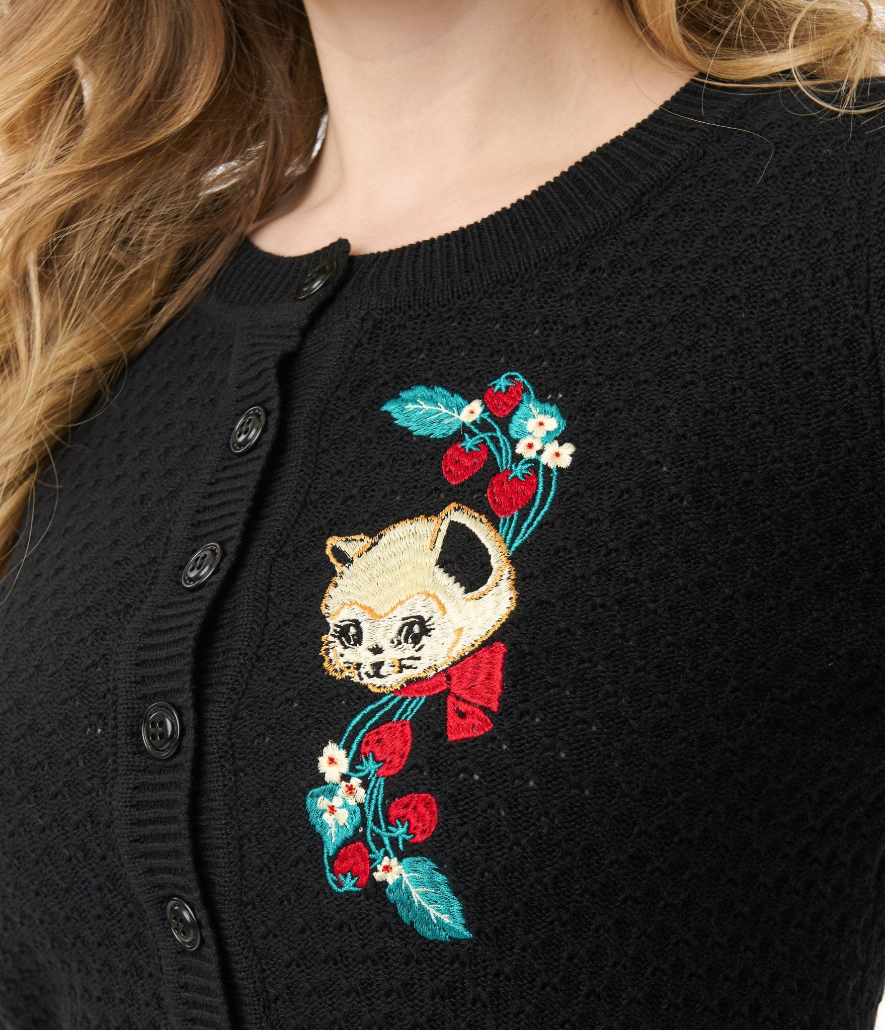 Mischief Made Black Strawberry Fields Forever Cropped Cardigan - Women's Vintage Style Knit Sweater for Casual Outfits & Music Festivals