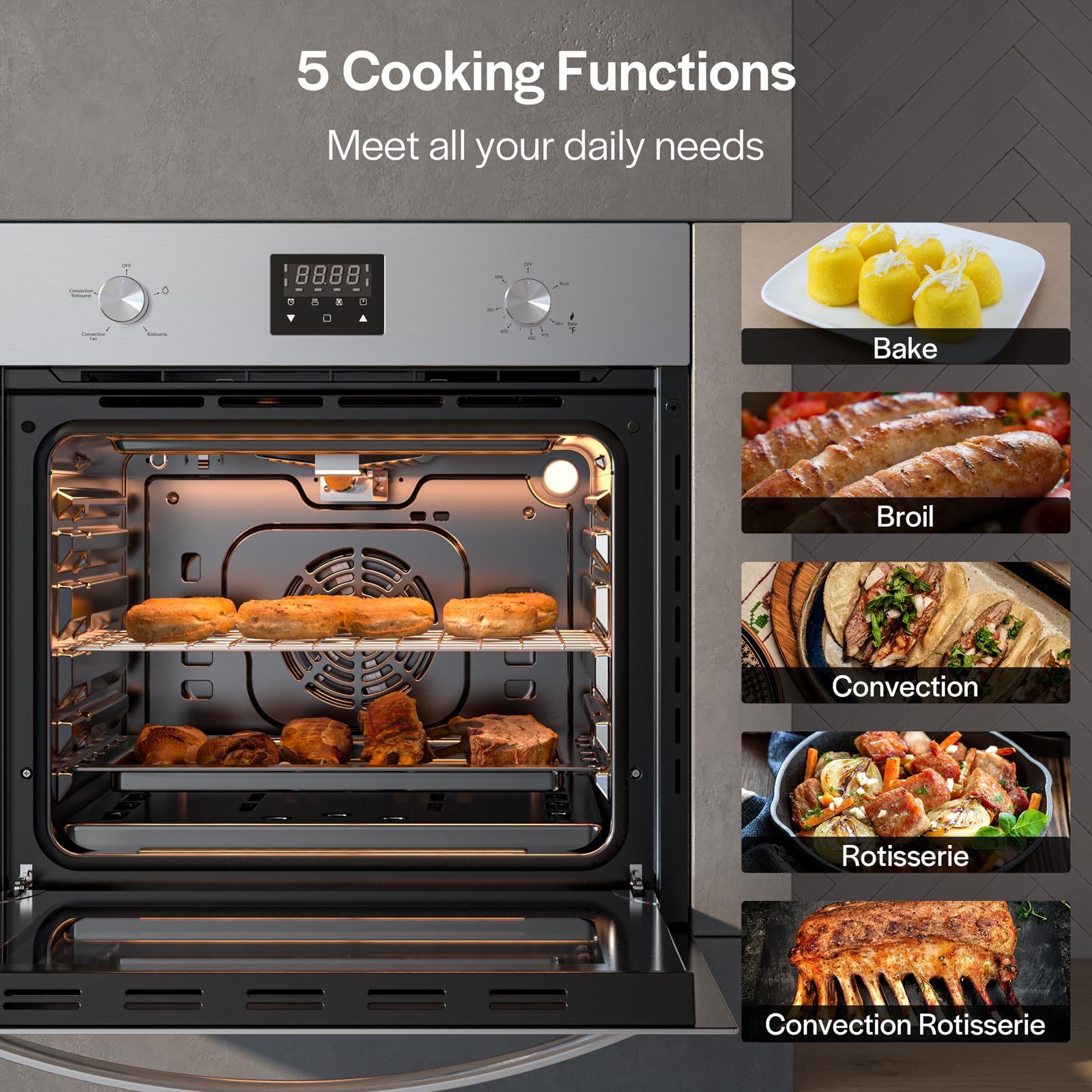 Empava 24 Inch Stainless Steel Single Gas Wall Oven with Convection Fan - Digital Timer, Bake, Broil & Rotisserie Functions for Home Kitchen Cooking and Baking